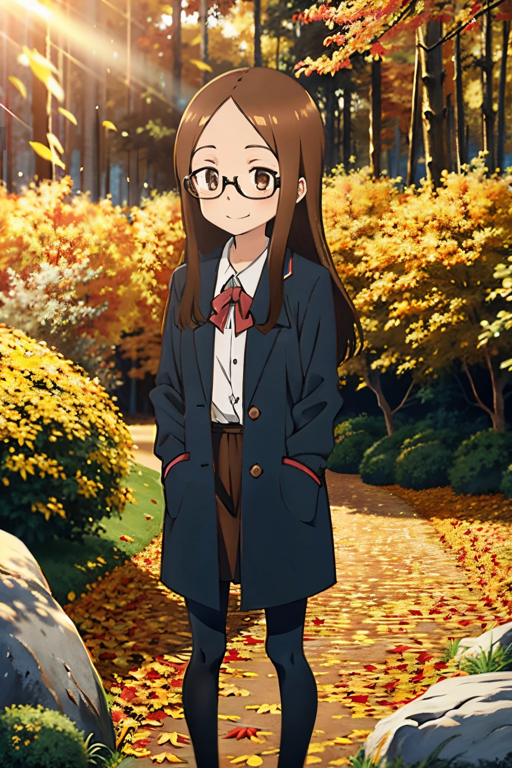 (Realistic),(Photorealistic),Takagi_San, 1girl in, Long hair,Brown hair, Part bangs, eye glasses，Brown eyes, Red face，dark blue long coat，long black skirts, Long sleeves, Forehead, Black socks, brown shoes, Smile, Looking at Viewer, masutepiece,Full body, Best Quality, (Colorful),volumatic light, Ray tracing,the Extremely Detailed CG Unity 8K Wallpapers,Smile,((blow away fallen leaves)),In the forest of autumn leaves, Sunny,Sunshine, light, Fantasy, Windy, magic sparks,Colored leaves，The ground completely covered with fallen leaves.