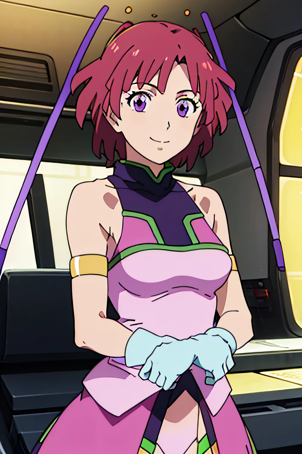 1girl, solo, upper body, facing viewer, looking at viewer, smile, leenatoros, red hair, short hair, purple eyes, antennae, gloves, pilot suit, purple thighhighs