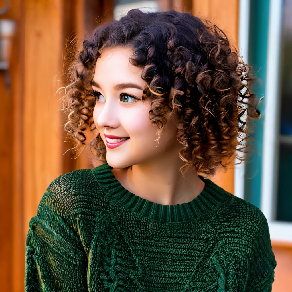 Disney brown curly hair dark green eyes black sweater
