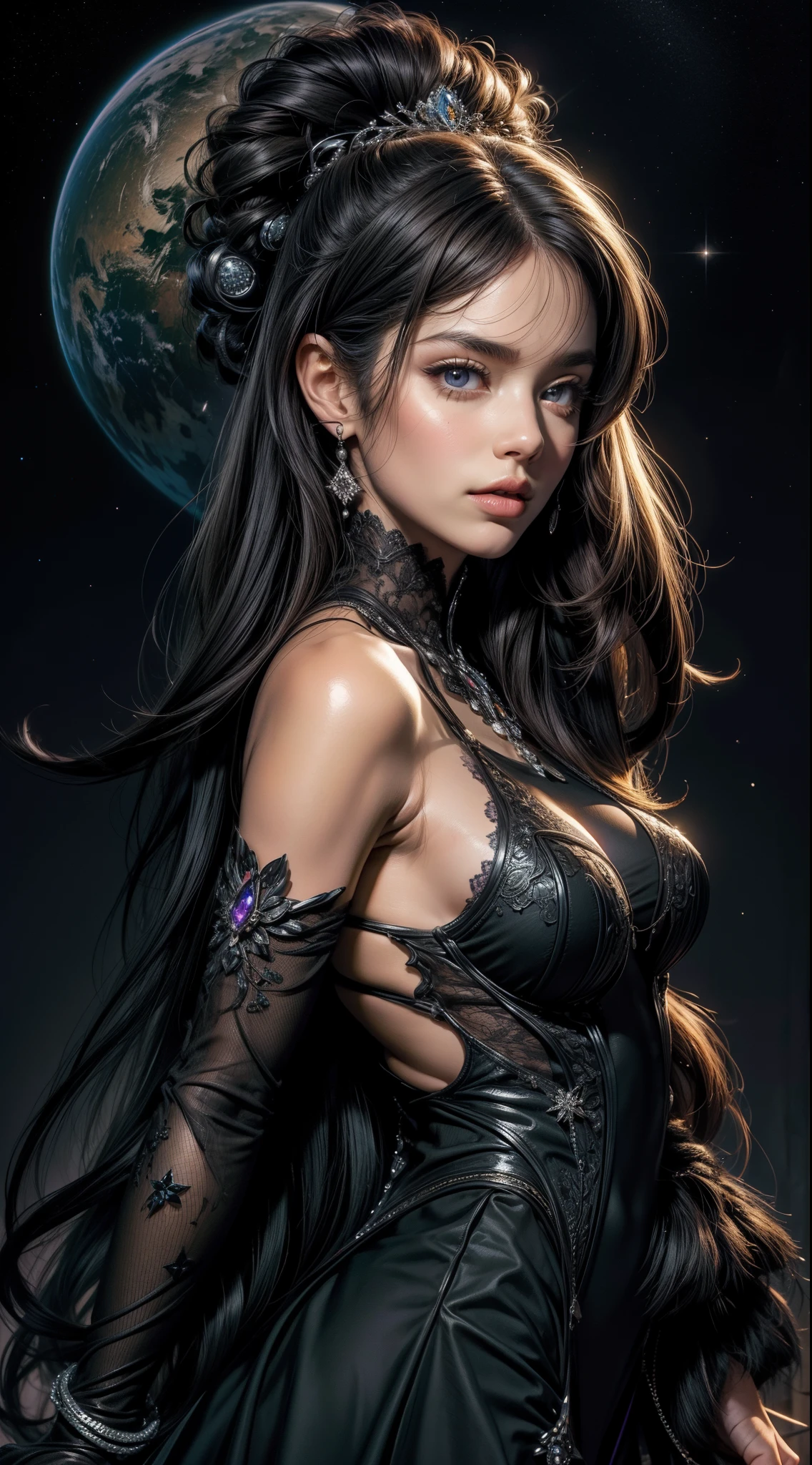 "(((obra-prima))), melhor qualidade, ultra-detallhado, High resolution CG image with a beautiful woman with long black hair with bright violet eyes like detailed constellations, retratados em detalhes fascinantes. rosto delicado, lips closed, boca fechada (Dutch angle), rosto avermelhado, His delicate body is accurately represented at every angle. Ela possui longos cabelos preto que caem suavemente sobre seu vestido. The upper part of his body is sculpted to perfection. "