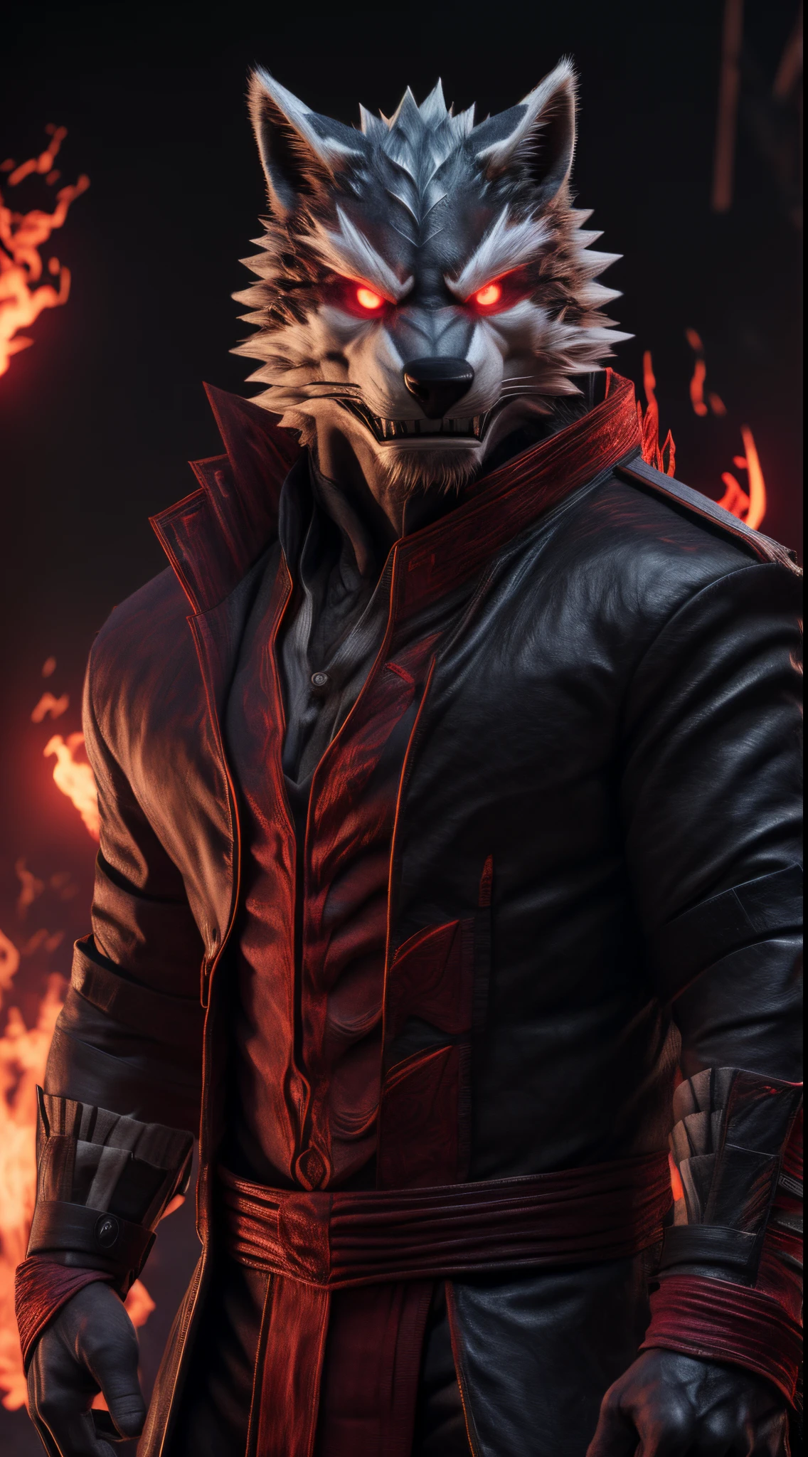(best quality,8k,highres,masterpiece:1.2),ultra-detailed,(photorealistic:1.37),(the ultimate Orochi argo),red glowing eyes,staring at the viewer,detailed facial features,same design as Iori Yagami,background from The King of Fighters XV,fiery background,serious expression,on a realistic face,in 8k.
