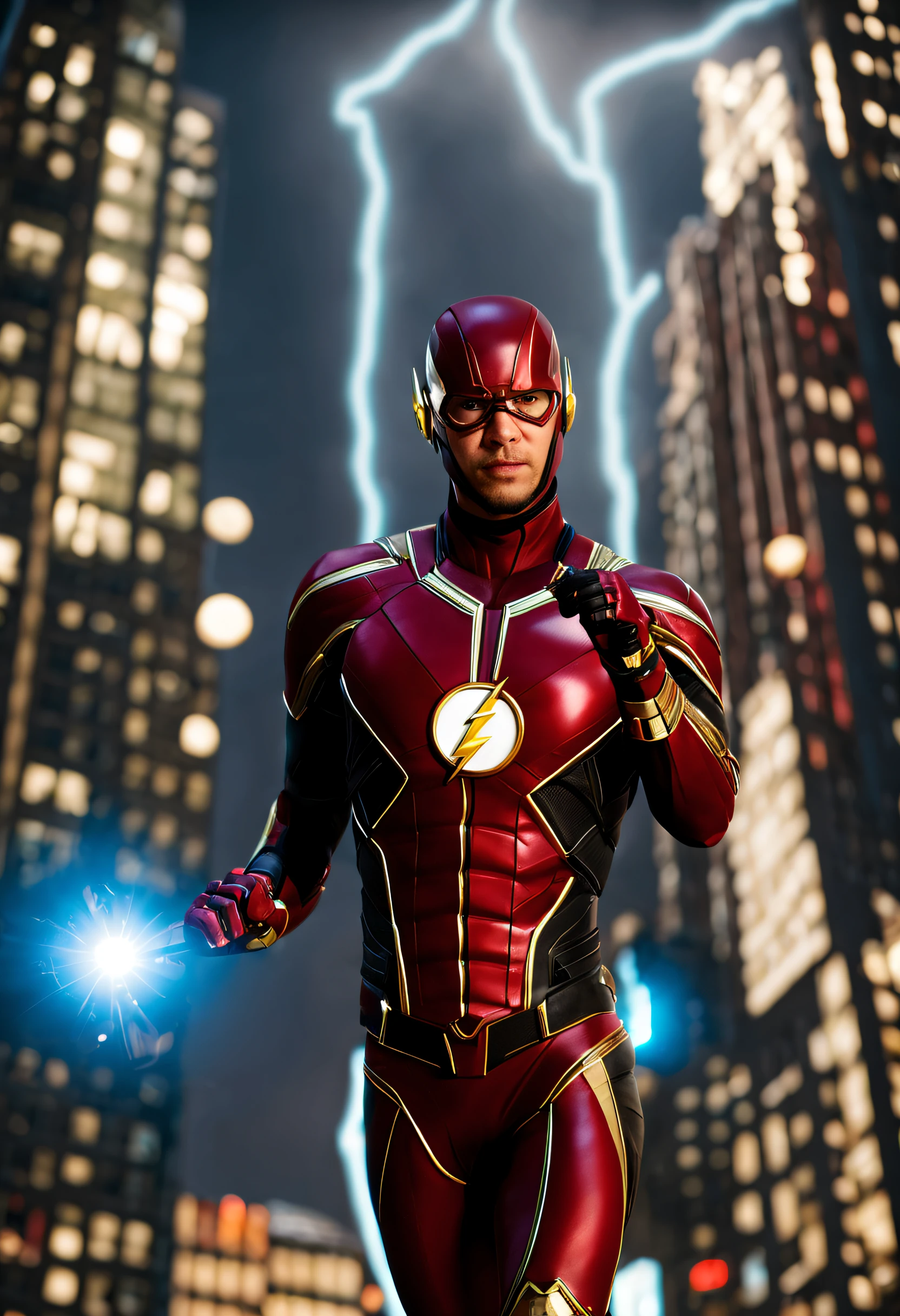 "The Flash (Injustice 2), alto, musculoso, corpulento, placas brancas e traje neon vermelho escarlate, grandes olhos amarelos brilhantes, yellow lightning trail,portrait style, high detail, VFX, poster pose, fantastic pose, award-winning, best quality, masterpiece, 8k,foto bruta, volumeric lighting, low camera angle, ultra detalhado, obra-prima , light tunnel in the background, rosto detalhado, traje detalhado,melhor qualidade, alta resolução,powerful standing pose