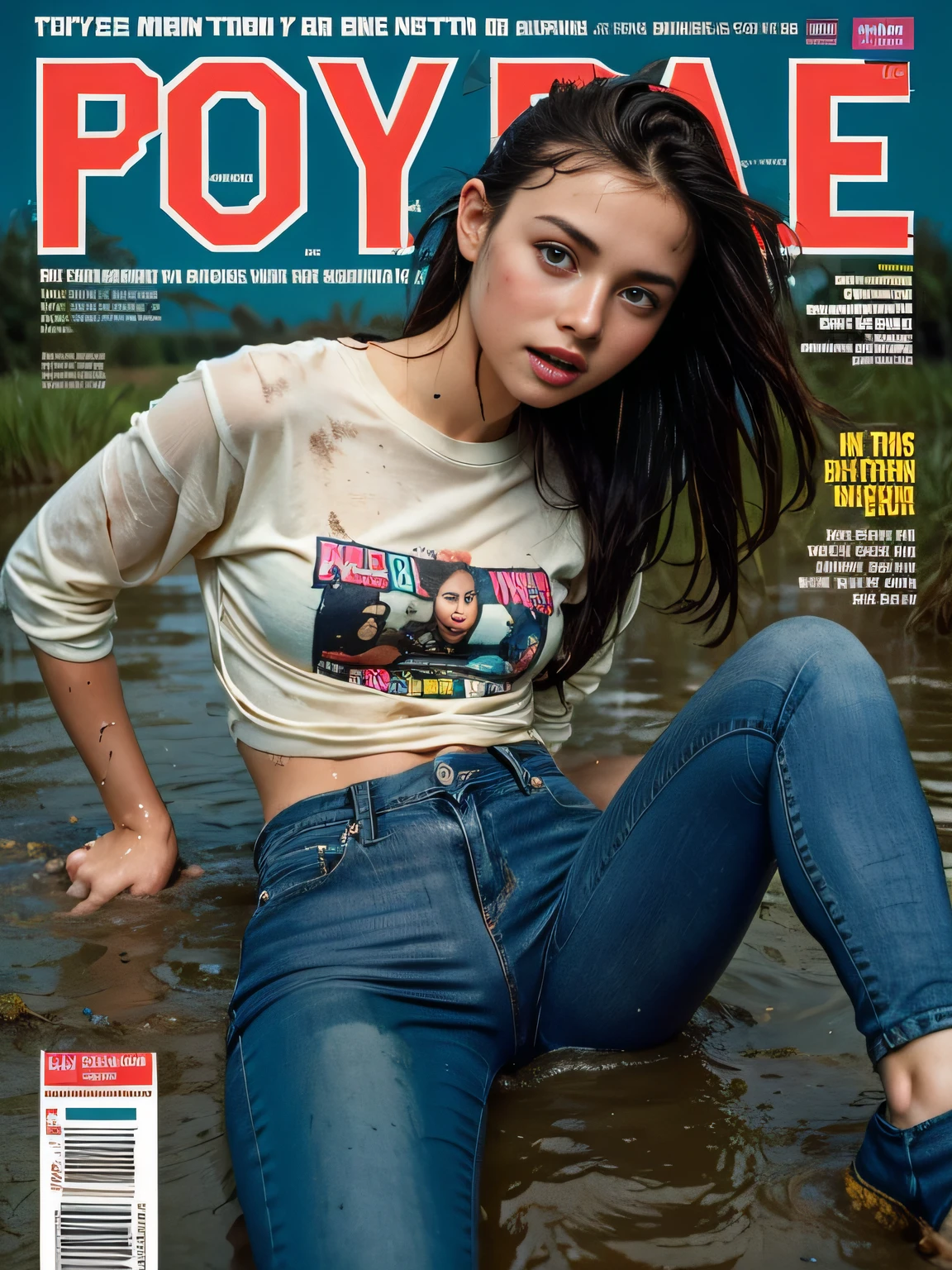 Sports magazine cover, young woman is straddling, very low angle, 18yo, provocative position, medium breast, perfect body, narrow waist, wide hips, thigh gap, exposed vagina, nude:1.4, dynamic pose