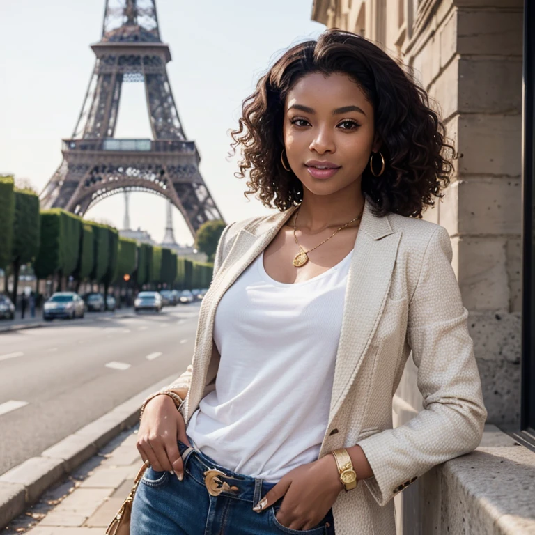 A very beautiful day in paris and a  happy ((brown skin)) youthful woman takes a full length picture, with the Eifel tower at the background ((detailed background)) ((happy facial expression))  dressed in jeans and a classic white blazer, wit intricate gold jewelry ((detailed clothing texture)), ((beautiful woman ))  brown skin woman with curly brown hair ((Hyperrealistic))8k,a Masterpiece, perfect lighting, UHD