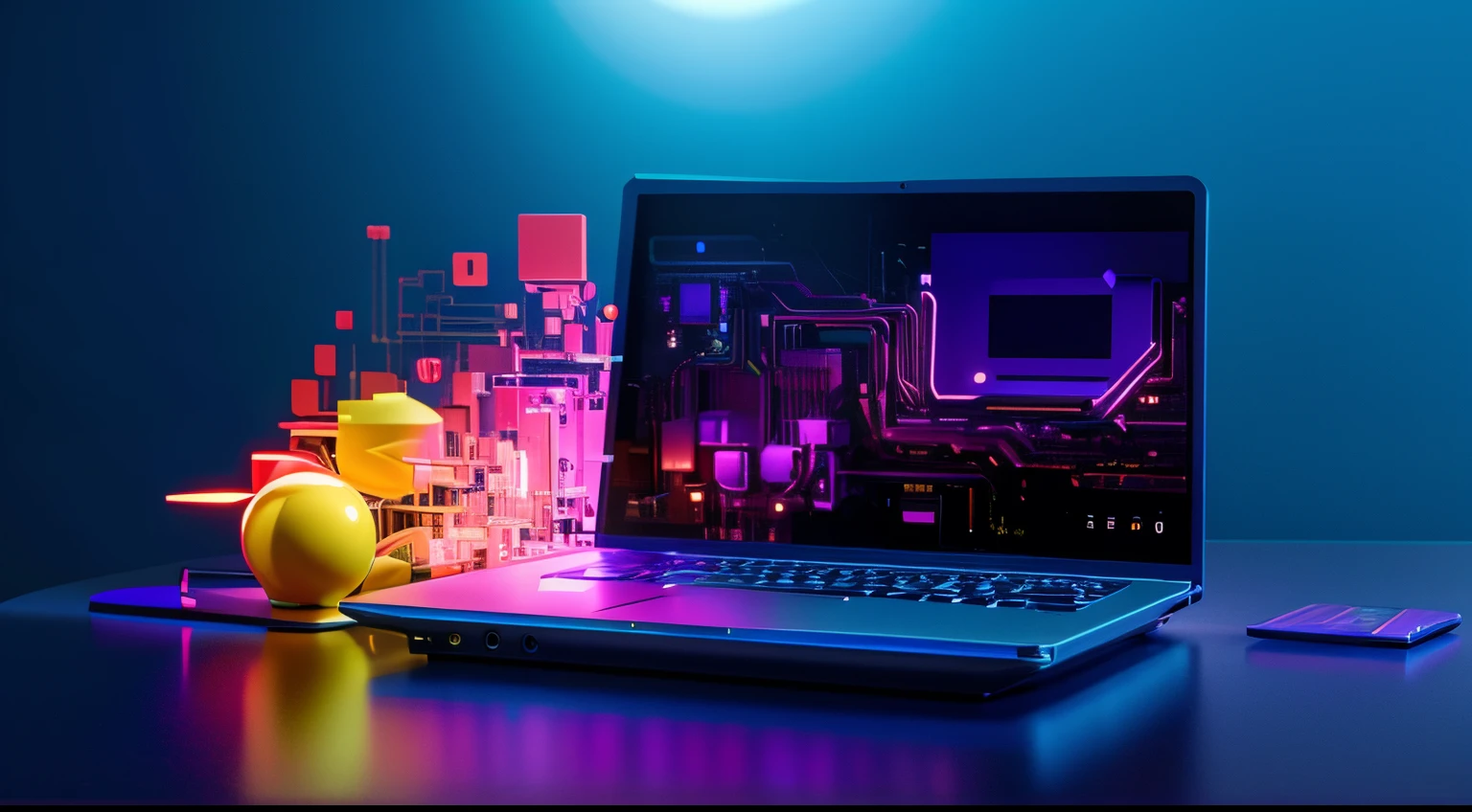 laptop with a robot on the screen and a mouse on the table, Computadores e hologramas, a computer rendering, 3d computer render, cyber architecture, computer rendering, Tecnologia, Tecnologia abstrata, dispositivos de alta tecnologia, computador cgi |, 8k computer render, tela colorida do computador, telas de computador brilhantes, technological