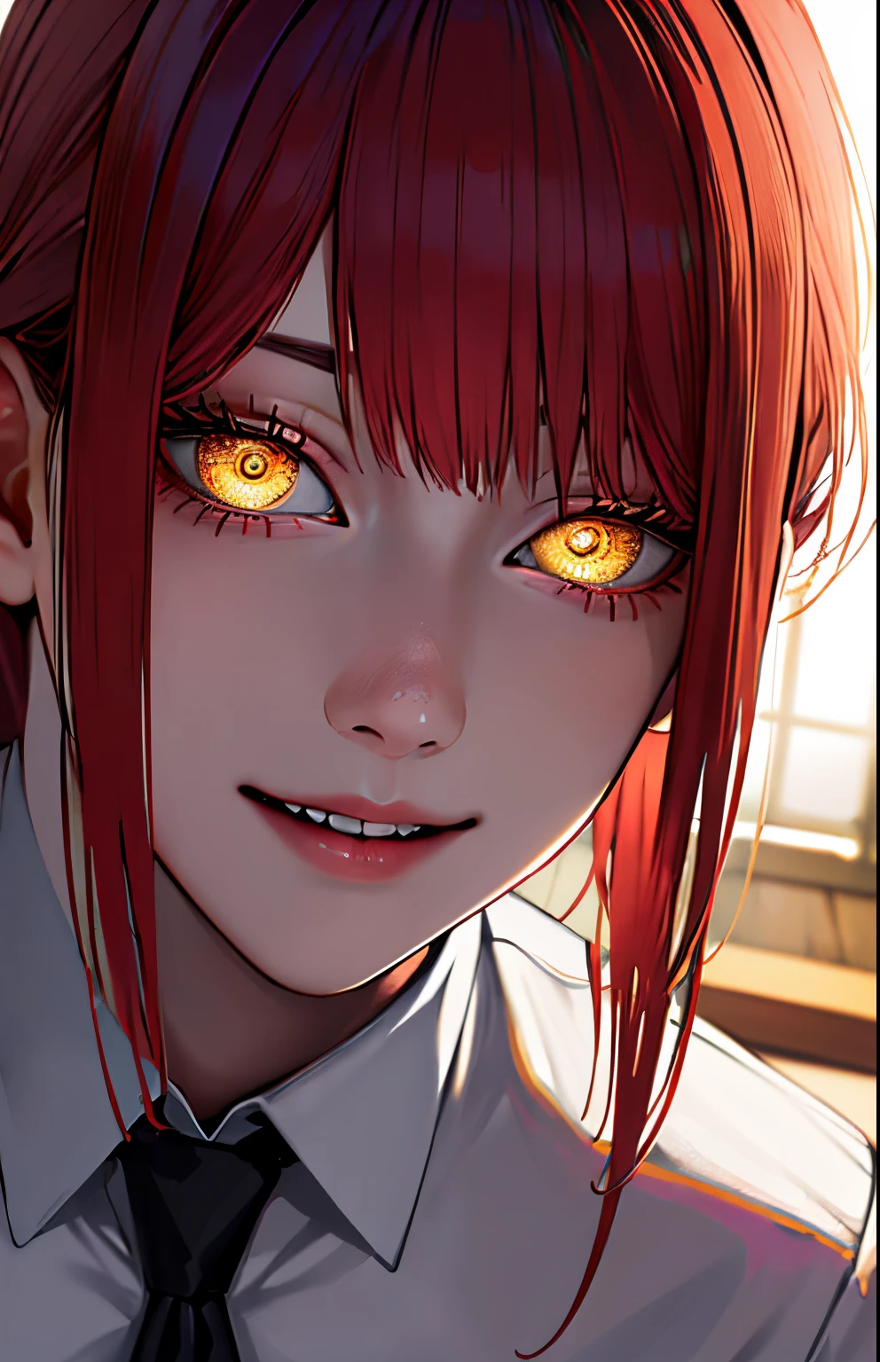 Masterpiece, (Photorealistic:1.4), Best Quality, crazy smile, Horror, Demon, Beautiful lighting, makima \(chainsaw man\), (red hair)+(hairlong, braided)+(Bangs), Yellow eyes, golden eyes, (ringed eyes), (white  shirt), (tie),
RAW photo, 8K UHD, Film grain