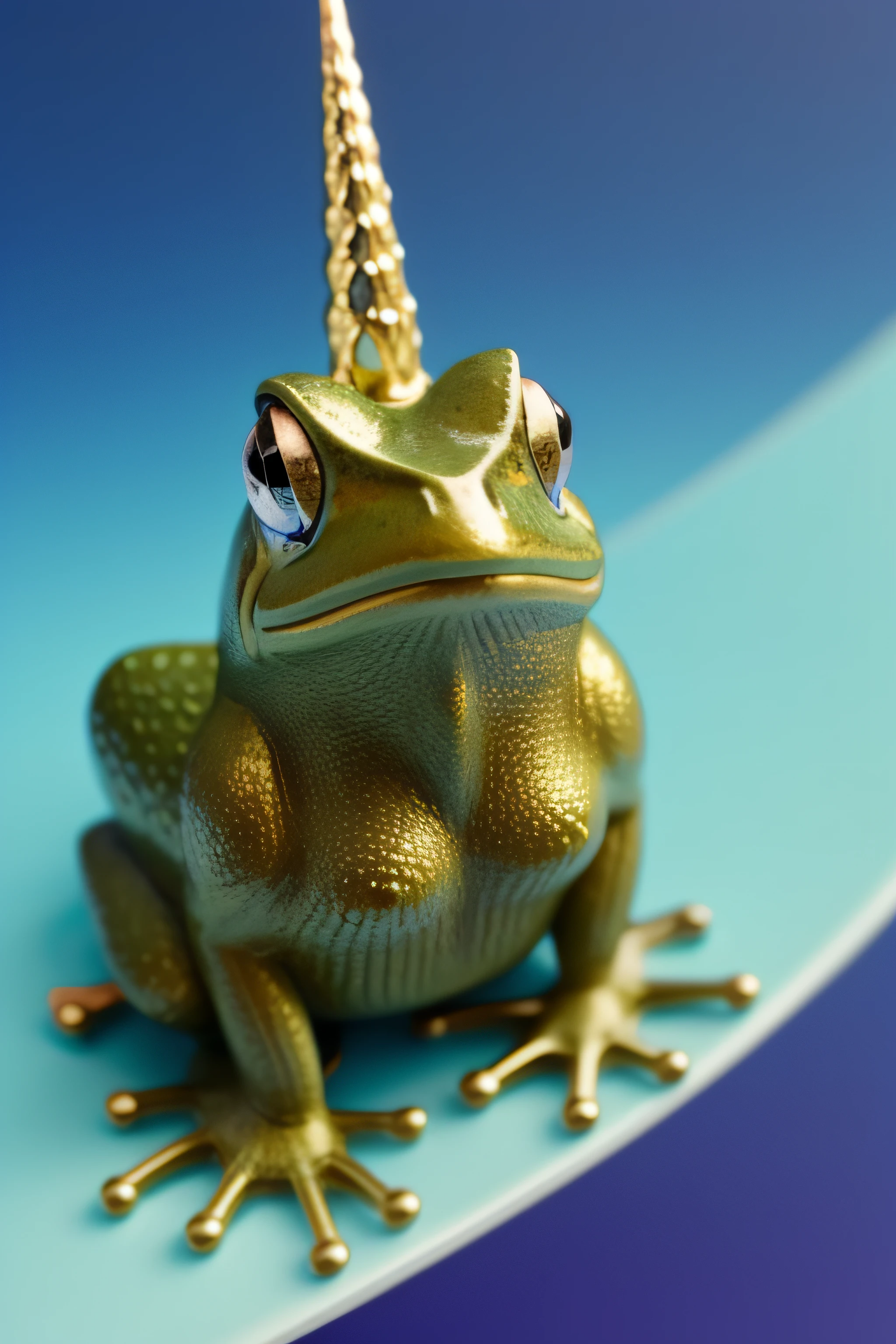une grenouille anthropomorphe sur une licorne coloré