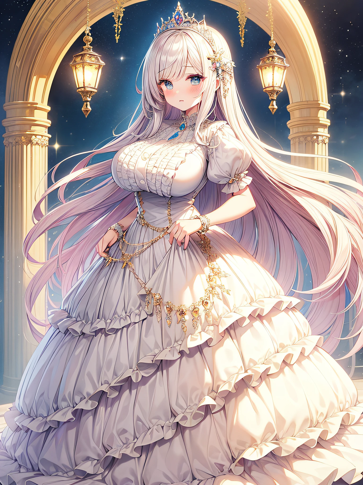 anime artstyle,Masterpiece,(Best Quality), (Super Detail),(Very Delicate and Beautiful),(Solo),((full body portrait)),full body,full body portrait,(detailed face and eyes),jewel-like beautiful eyes,(absolutely gorgeous and cute ruffled rococo ballgown dress decorated with jewels),((milf,adult woman,fairy tale princess)),((1 princess in a beautiful embroidery and jeweled absolutely gorgeous rococo ballgown dress with voluminous full length hoop skirt)),((Crinoline)),super detailed absolutely gorgeous rococo ballgown dress with frilled voluminous full length hoop skirt,((large amount of straight hair,extremely voluminous Very Long straight Hair,Absolutely Long Straight Hair)),(gigantic boobs),cleavage,(fantasy castle,outdoors,outside the castle),long_gloves,extremely gorgeousfull jeweled hair ornament,bling-bling extremely gorgeousfull jeweled tiara,((luxurious jewelry)),full body portrait