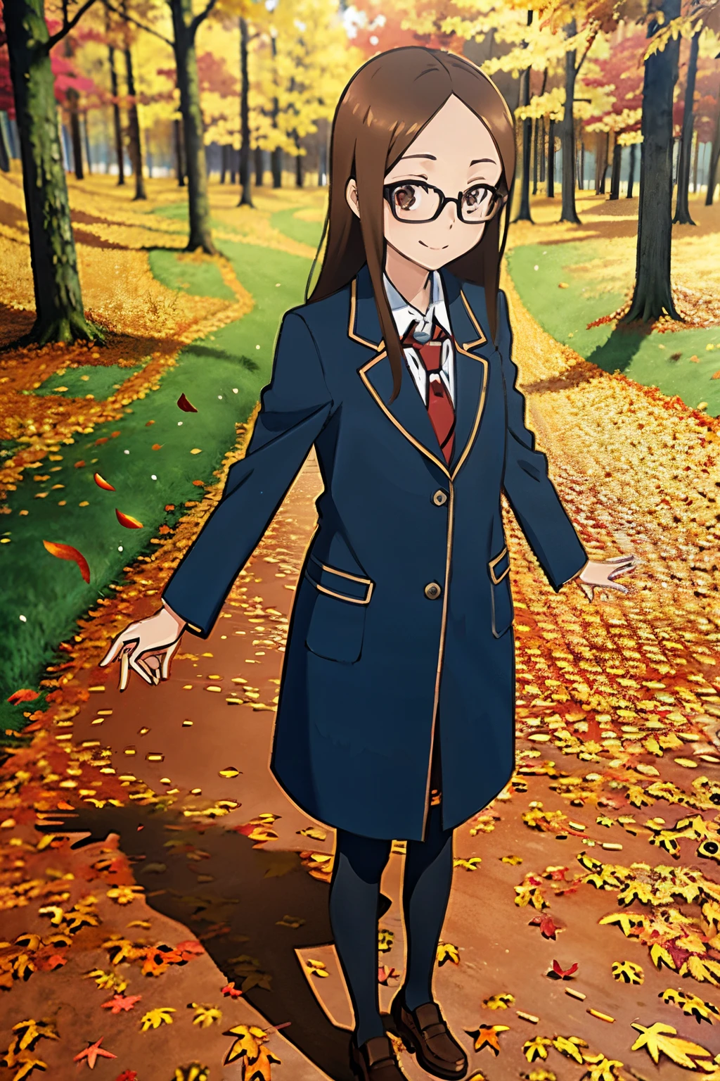 (Realistic),(Photorealistic),Takagi_San, 1girl in, Height 155 cm,Long hair,Brown hair, Part bangs, eye glasses,Brown eyes, Red face,dark blue long coat,long black skirts, Long sleeves, Forehead, Black socks, brown shoes, Smile, Looking at Viewer, masutepiece,Full body, Best Quality, (Colorful),volumatic light, Ray tracing,the Extremely Detailed CG Unity 8K Wallpapers,Smile,((blow away fallen leaves)),In the forest of autumn leaves, Sunny,Sunshine, light, Fantasy, Windy, magic sparks,Colored leaves,The ground completely covered with fallen leaves.