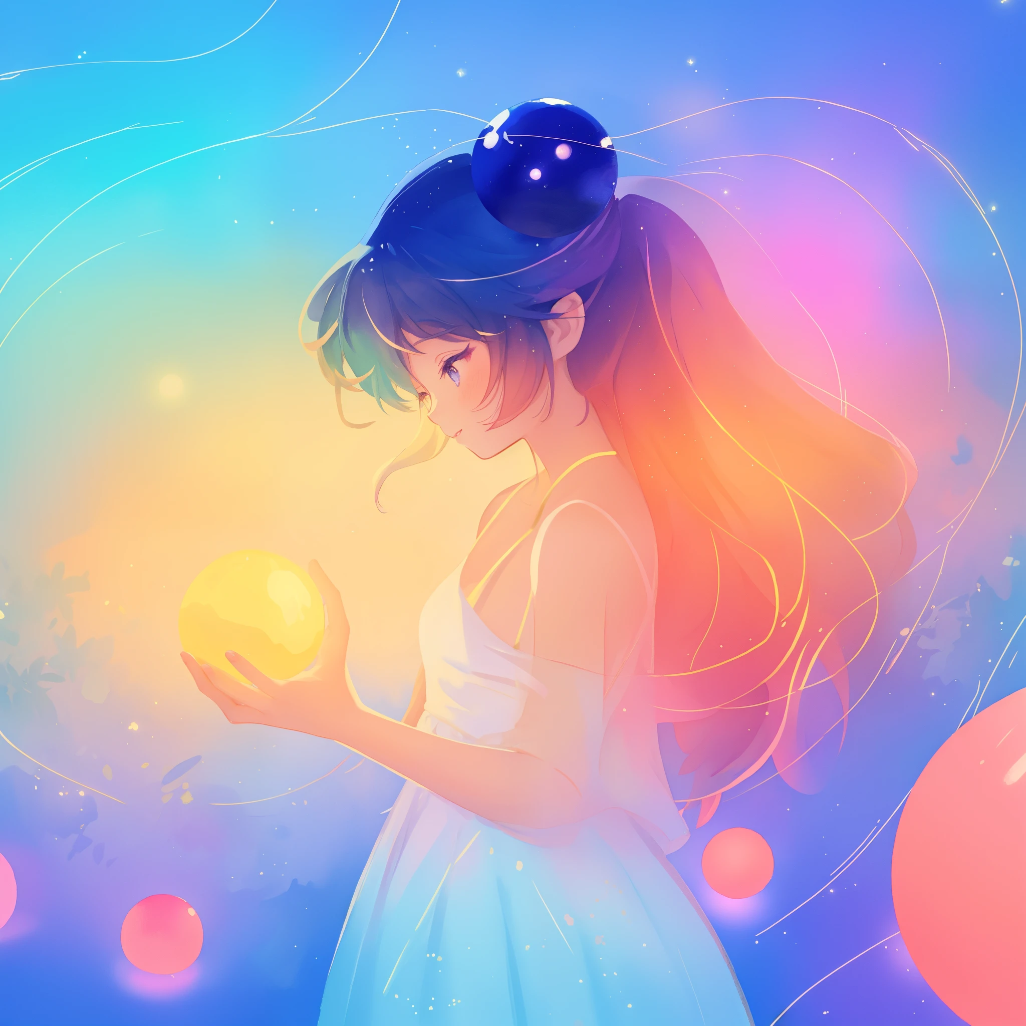 beautiful girl in sparkling white dress holding a glowing gold orb, glowing ballgown, long colorful hair, colorful fantasia background, watercolor illustration, disney art style, glowing aura around her, glowing lights, beautiful digital illustration, fantasia otherworldly landscape plants flowers, beautiful, masterpiece, best quality, anime disney style
