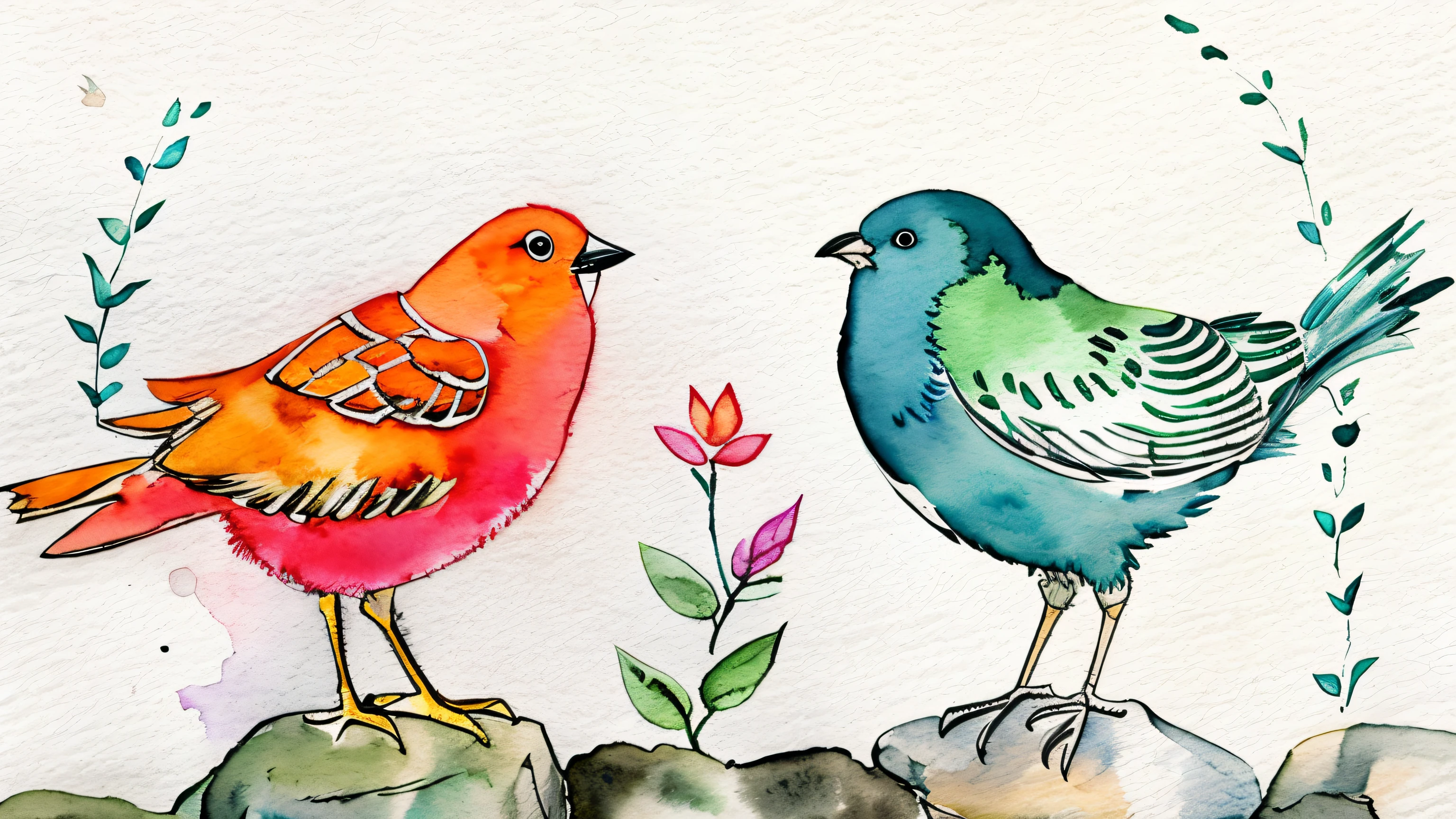 there are two birds standing on a rock, Aquarela e caneta, ink and watercolor illustration, watercolor pencil + desenho a tinta digital, Aquarela e tinta, colorido em azulberra e laranja, tinta e aquarela, pintura a tinta aquarela, caneta e aquarela, colored birds, tinta e aquarelas, Watercolor ink illustration, birds and butterflies, birds, lavagem de tinta e aquarela, pintura detalhada em aquarela