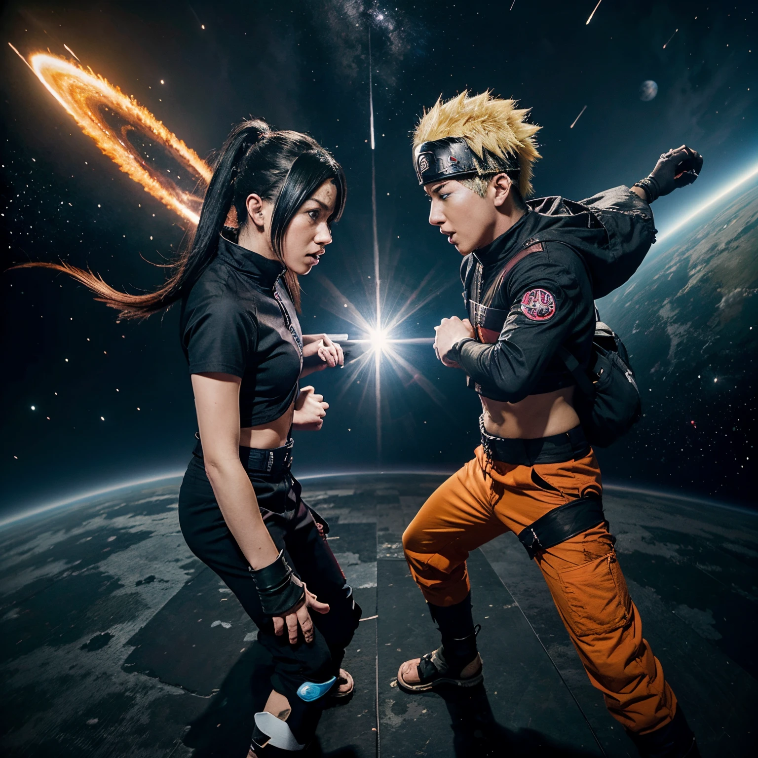 Naruto fighting Boruto in space