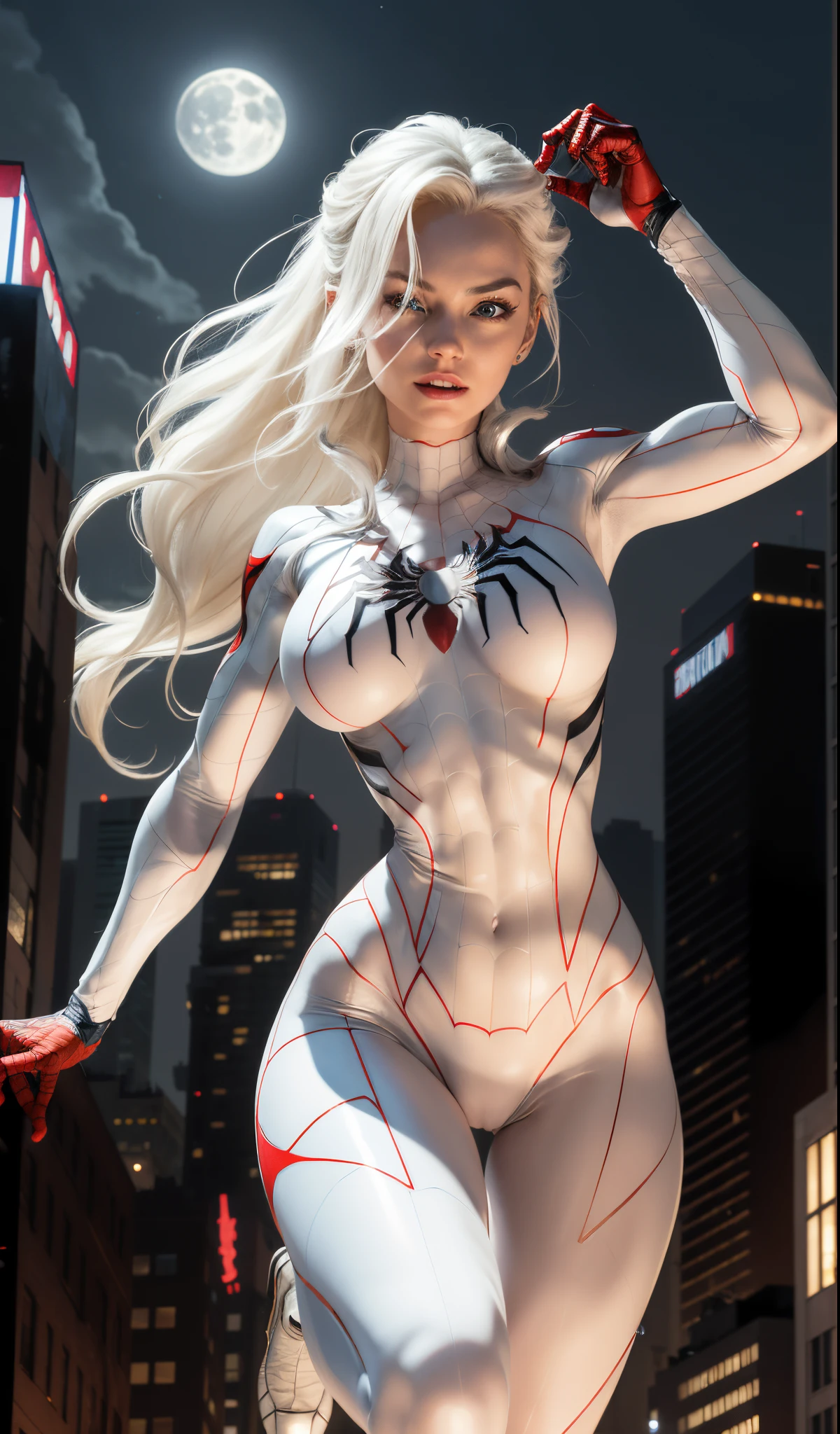 (Masterpiece, 4k resolution, ultra-realistic, very detailed), (White superhero theme, charismatic, there's a girl on top of town, wearing Spider-Man costume, she's a superhero), [ ((25 years), (long white hair:1.2), full body, (blue eyes:1.2), ((Spider-Man pose),show of strength, jumping from one building to another), ((sandy urban environment):0.8)| (cityscape, at night, dynamic lights), (full moon))] # Explanation: The Prompt mainly describes a 4K painting of ultra-high definition, very realistic, very detailed. It shows a superheroine at the top of the city, wearing a Spider-Man costume. The theme in the painting is a white superhero theme, the female protagonist has long white hair, is 25 years old and her entire body is shown in the painting. In terms of portraying the actions of superheroines, spiders are employed