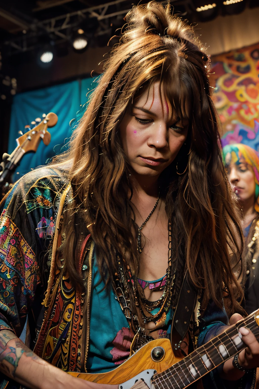 janis joplin on stage along with jimi hendrix playing guitar with his left hand, psychedelia, vivid color scheme, surreal, expressive, acrylic palette, mixed media, intricate details, highly detailed, flesh style griffiths, brom, kaethe butcher, deviantart, trends on artstation, 16k *image reversed on PS to show him left-handed*