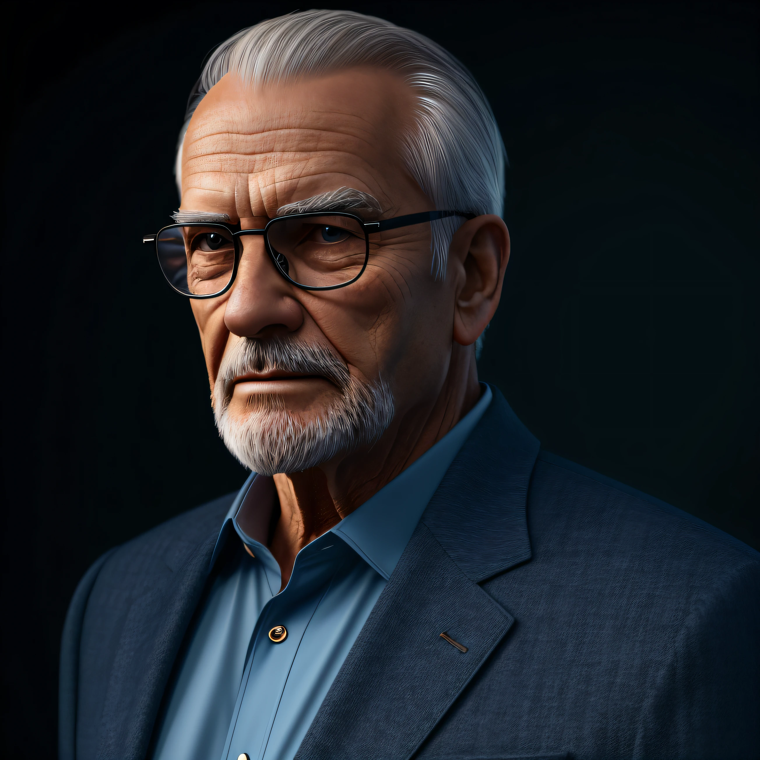 old man with glasses, jacket over all suit, dark background, black, half body hair short blue eyes, ultra realistic, 8k, high definition