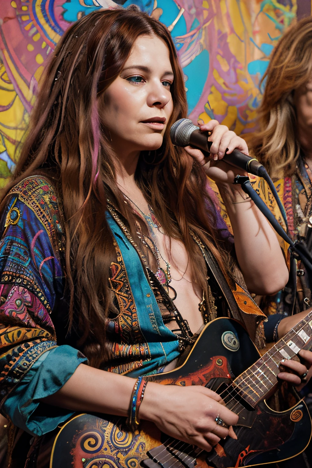 janis joplin on stage along with jimi hendrix playing guitar with his left hand, psychedelia, vivid color scheme, surreal, expressive, acrylic palette, mixed media, intricate details, highly detailed, flesh style griffiths, brom, kaethe butcher, deviantart, trends on artstation, 16k *image reversed on PS to show him left-handed*