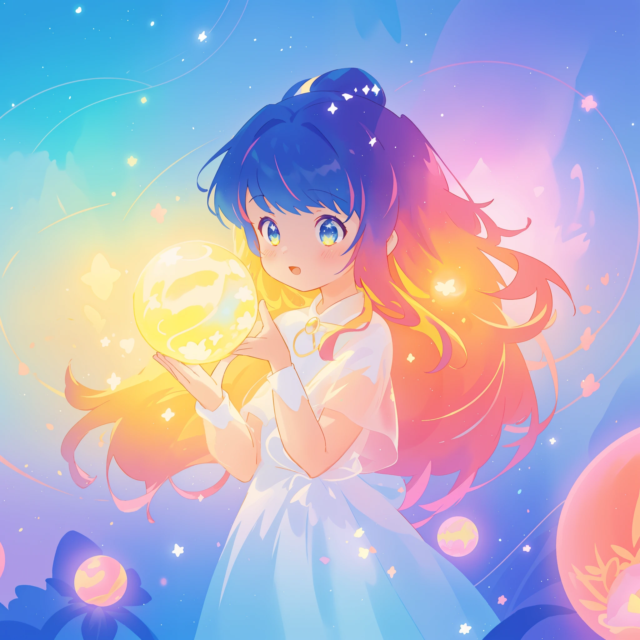 beautiful girl in sparkling white dress holding a glowing magical sphere, glowing ballgown, (magical, whimsical), (magical orb), long flowing colorful hair, colorful fantasia background, watercolor illustration, disney art style, glowing aura around her, glowing lights, beautiful digital illustration, fantasia otherworldly landscape plants flowers, beautiful, masterpiece, best quality, anime disney style, (perfect hands)