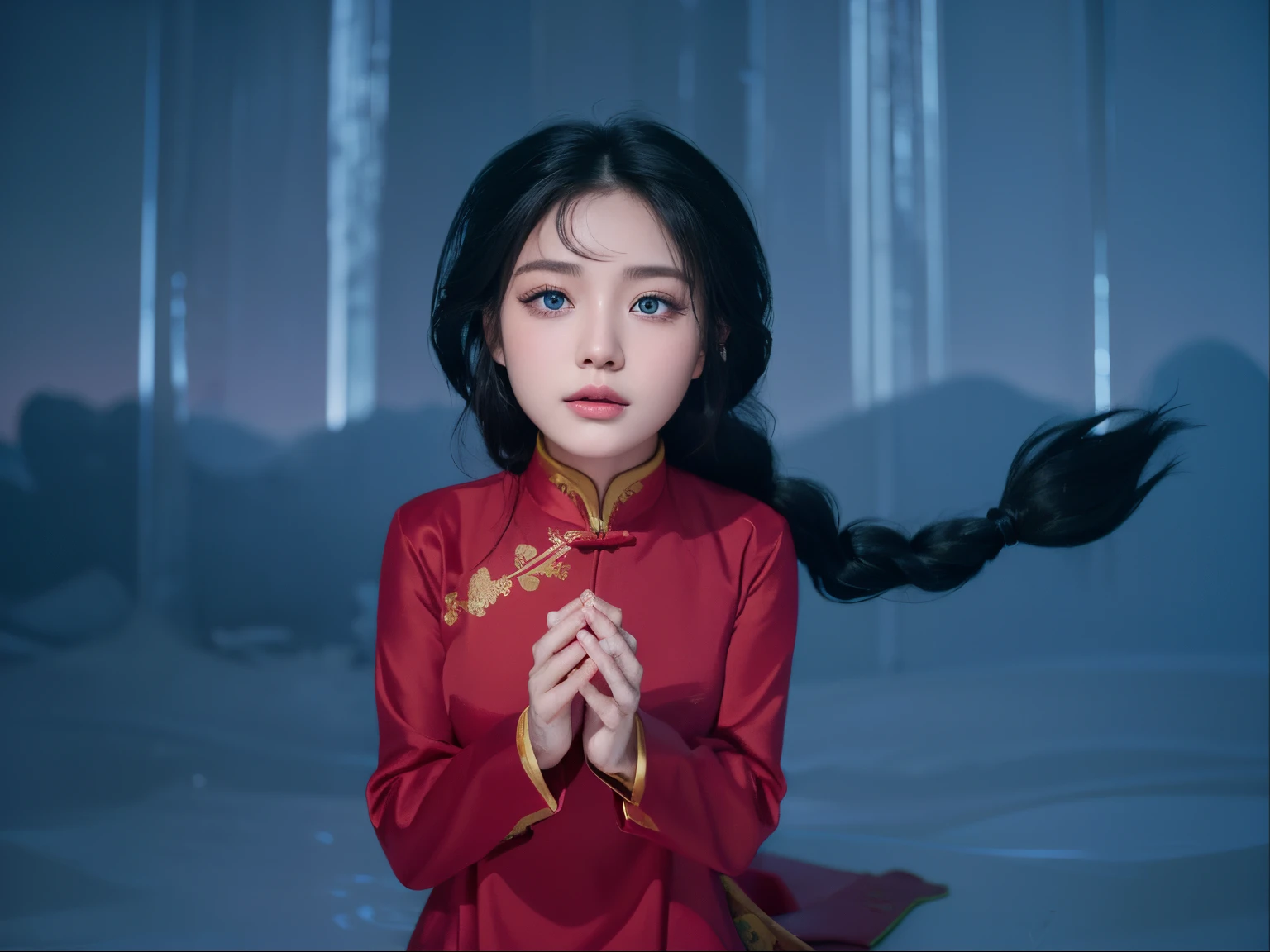 (Ultra Realistic), (Illustration), (Increased Resolution), (8K), (Extremely Detailed), (Best Illustration), (Beautiful and Detailed blue eyes), (Best Quality), (Ultra Detailed), (Masterpiece ), (wallpaper), (detailed face), solo, 1 girl, asian, (about 18 years old)), slightly looking above, fine details, detailed face, ((pretty big blue eyes)), (open lips), smiling, long eyelashes, happy face, long black braided hair, straight voluminous straight hair, ((grape color Chinese female robe)), praying position, waterfall background, 46 points oblique bangs, moonlight