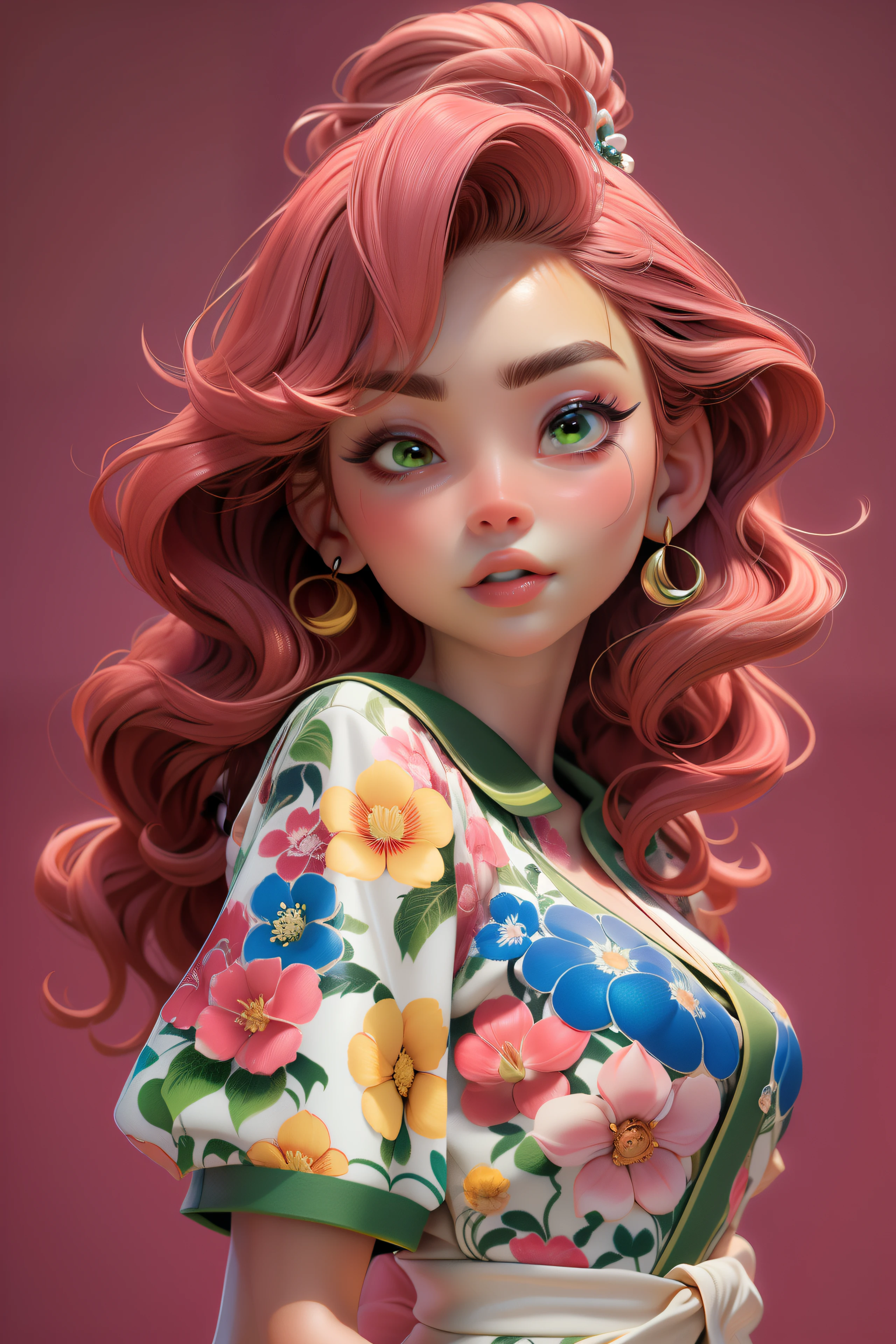 (Melhor Qualidade, Obra-Prima), 1girl asian, cabelos vermelhos, olhos verdes detalhados, Pose, Vento, Flor, Parte Superior do Corpo, Esquema de Cores Branco e Rosa, Fundo Simples, Olhe para o Espectador
