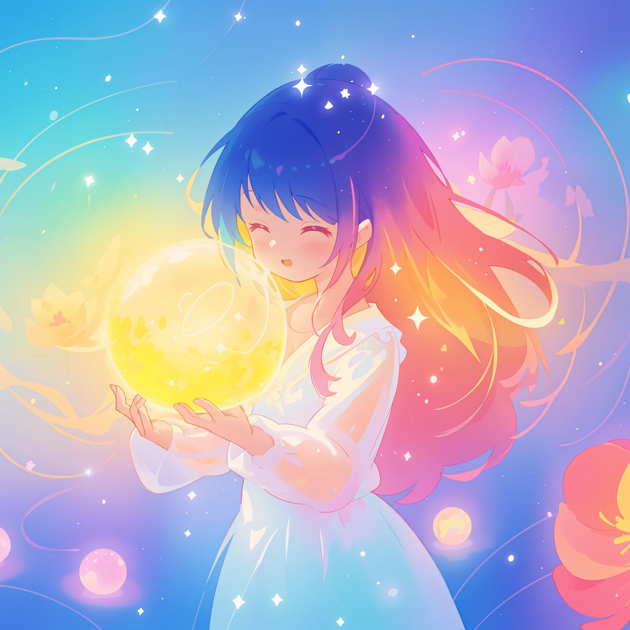 beautiful girl in sparkling white dress holding a glowing magical sphere, glowing ballgown, (magical, whimsical), (magical orb), long flowing colorful hair, colorful fantasia background, watercolor illustration, disney art style, glowing aura around her, glowing lights, beautiful digital illustration, fantasia otherworldly landscape plants flowers, beautiful, masterpiece, best quality, anime disney style, (perfect hands)