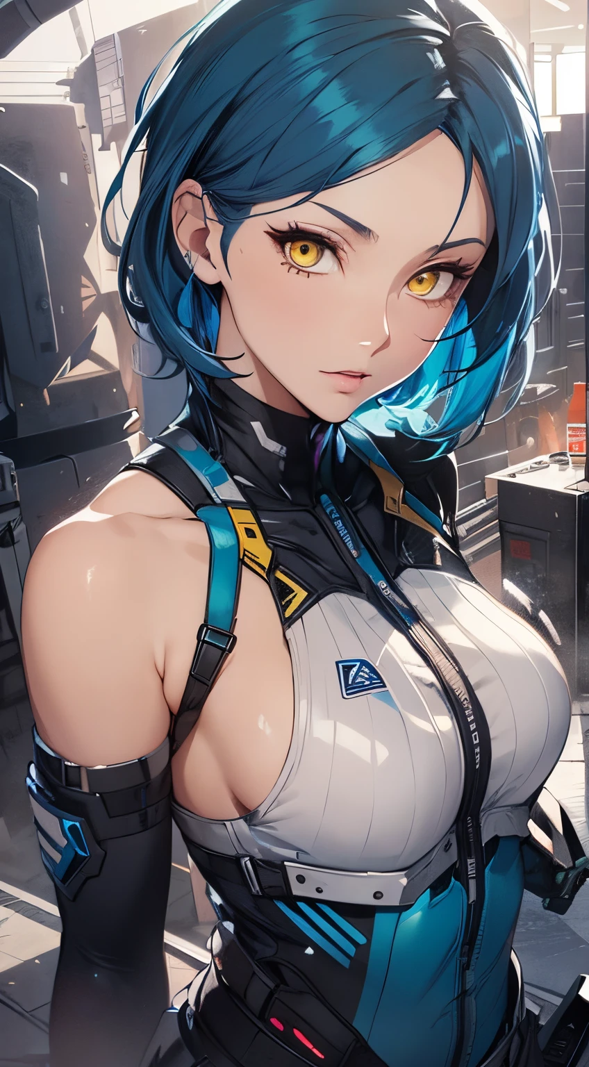 1female, blue hair, yellow eyes, wearing modern combat suit, beautiful, model, 4k, official art, highly detailed, masterpiece