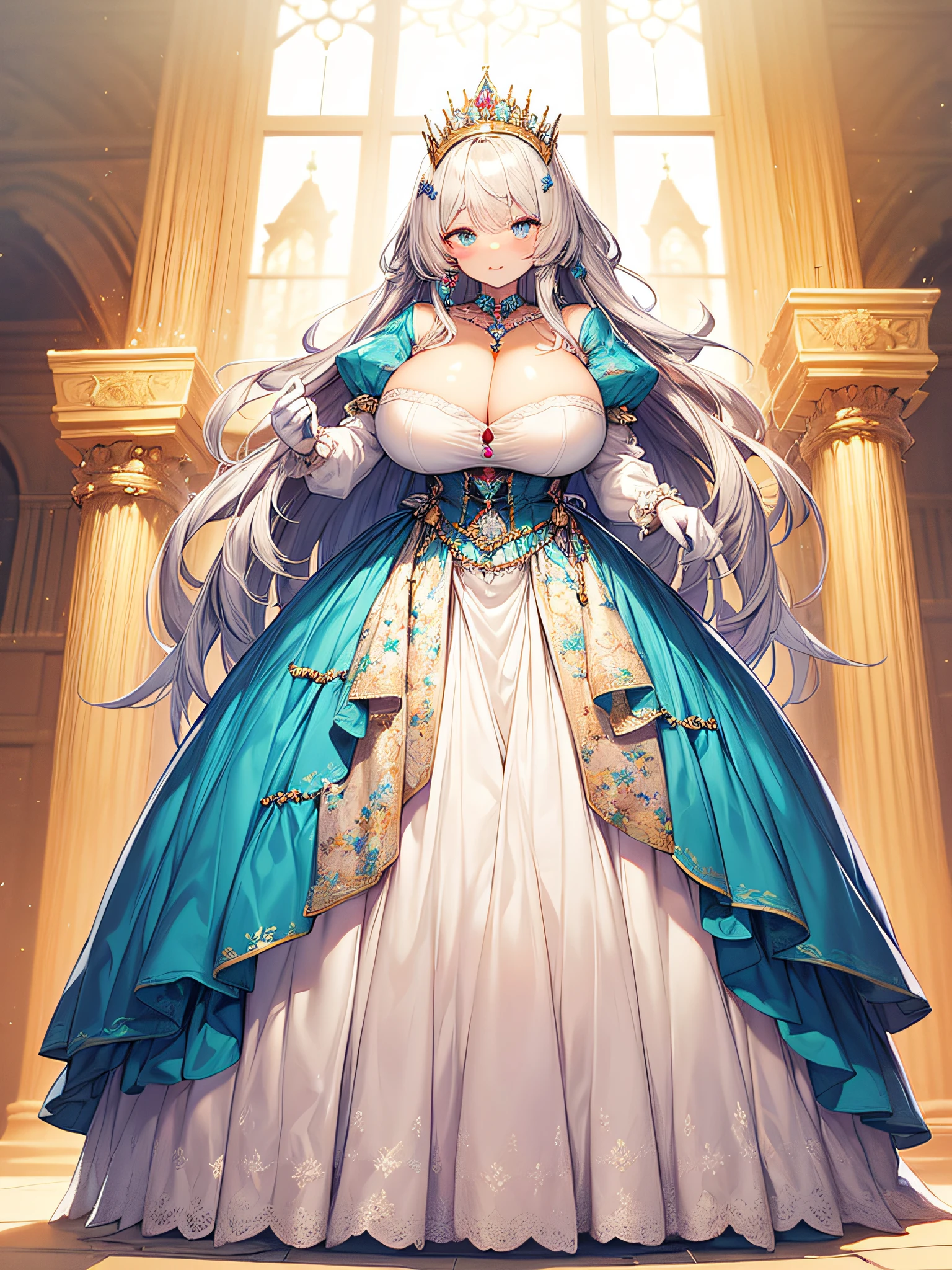 anime artstyle,Masterpiece,(Best Quality), (Super Detail),(Very Delicate and Beautiful),(Solo),((full body portrait)),full body,full body portrait,(detailed face and eyes),jewel-like beautiful eyes,(absolutely gorgeous and cute ruffled rococo ballgown dress decorated with jewels),((1 princess in a beautiful embroidery and jeweled absolutely gorgeous rococo ballgown dress with voluminous full length hoop skirt)),((Crinoline)),super detailed absolutely gorgeous rococo ballgown dress with frilled voluminous full length hoop skirt,((large amount of straight hair,extremely voluminous Very Long straight Hair,Absolutely Long Straight Hair)),(gigantic boobs),cleavage,(fantasy castle,outdoors,outside the castle),long_gloves,extremely gorgeousfull jeweled hair ornament,bling-bling extremely gorgeousfull jeweled tiara,((luxurious jewelry)),full body portrait