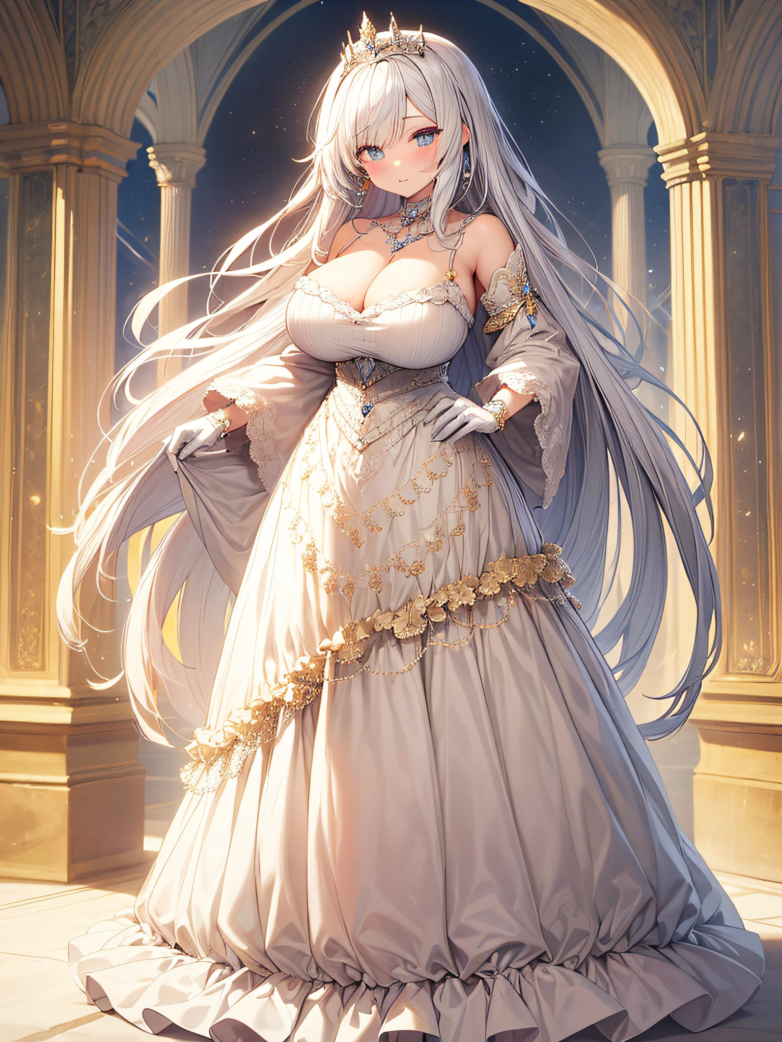 anime artstyle,Masterpiece,(Best Quality), (Super Detail),(Very Delicate and Beautiful),(Solo),((full body portrait)),full body,full body portrait,(detailed face and eyes),jewel-like beautiful eyes,(absolutely gorgeous and cute ruffled rococo ballgown dress decorated with jewels),((1 princess in a beautiful embroidery and jeweled absolutely gorgeous rococo ballgown dress with voluminous full length hoop skirt)),((Crinoline)),super detailed absolutely gorgeous rococo ballgown dress with frilled voluminous full length hoop skirt,((large amount of straight hair,extremely voluminous Very Long straight Hair,Absolutely Long Straight Hair)),(gigantic boobs),cleavage,(fantasy castle,outdoors,outside the castle),long_gloves,extremely gorgeousfull jeweled hair ornament,bling-bling extremely gorgeousfull jeweled tiara,((luxurious jewelry)),full body portrait