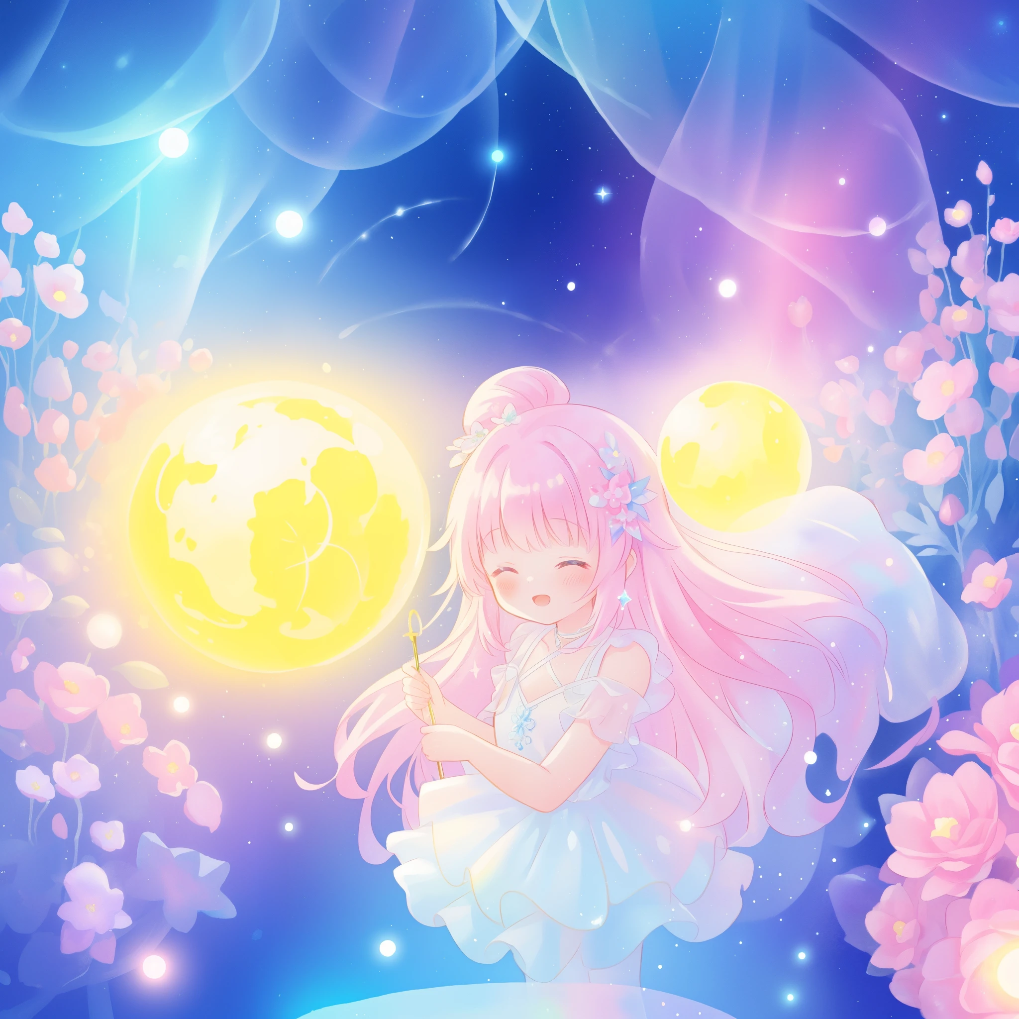 beautiful girl in sparkling white dress holding a magical sphere, ((sparkling puffy layered ballgown)), (magical, whimsical), (glowing magical orb), long flowing colorful hair, colorful fantasia background, watercolor illustration, disney art style, glowing aura around her, glowing lights, beautiful digital illustration, fantasia otherworldly landscape plants flowers, beautiful, masterpiece, best quality, anime disney style