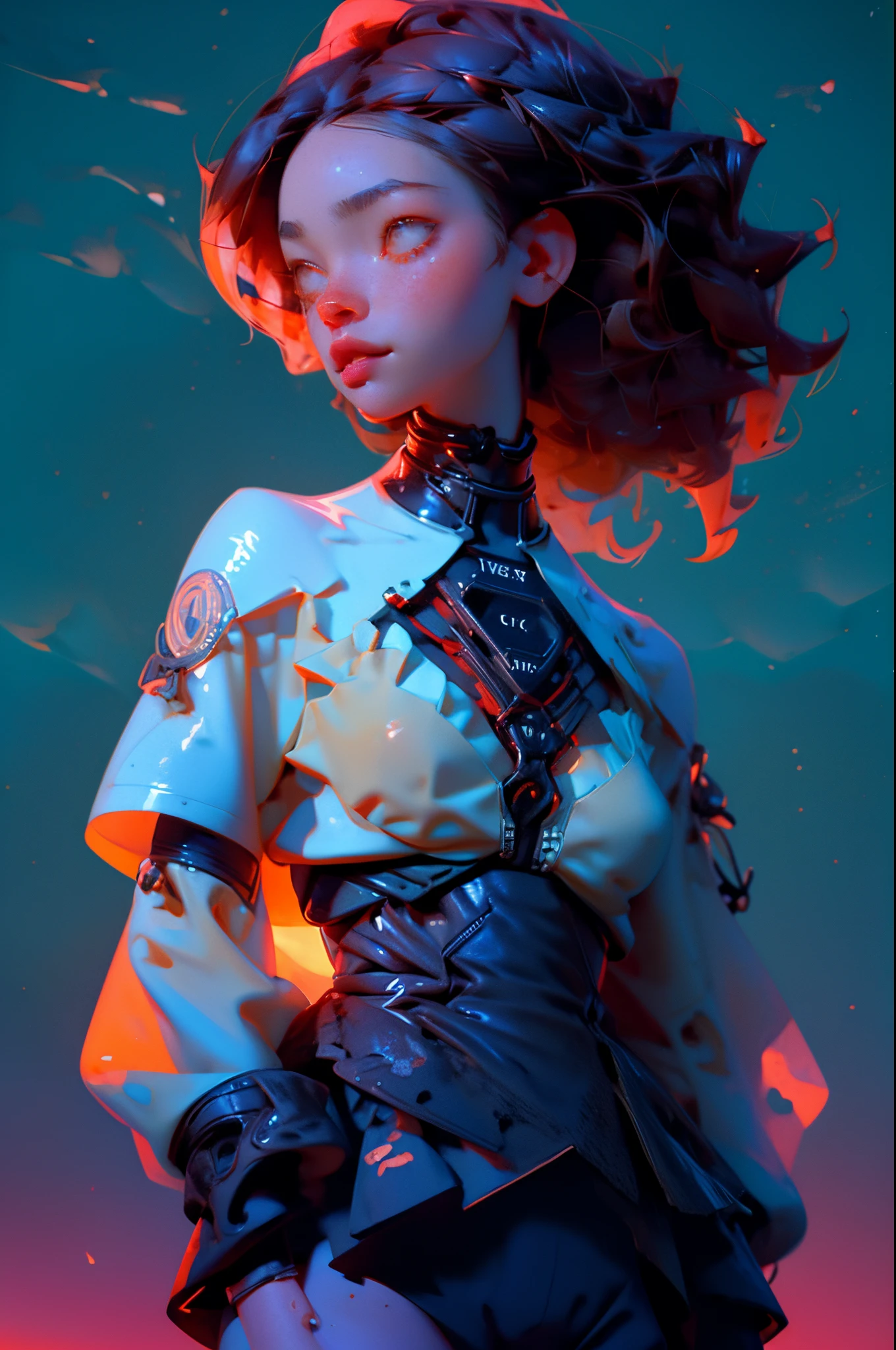 beautiful bionic young slim girl, big boobs, small waist, ecchi, waifu, white ceramic skin, sexy suggestive pose, orange lacework harness, floral interlaces details, ultradetailed, fractal, 12k, vibrant colors, incredible sunset light, long curly black hair, anime cyberpunk ecchi style