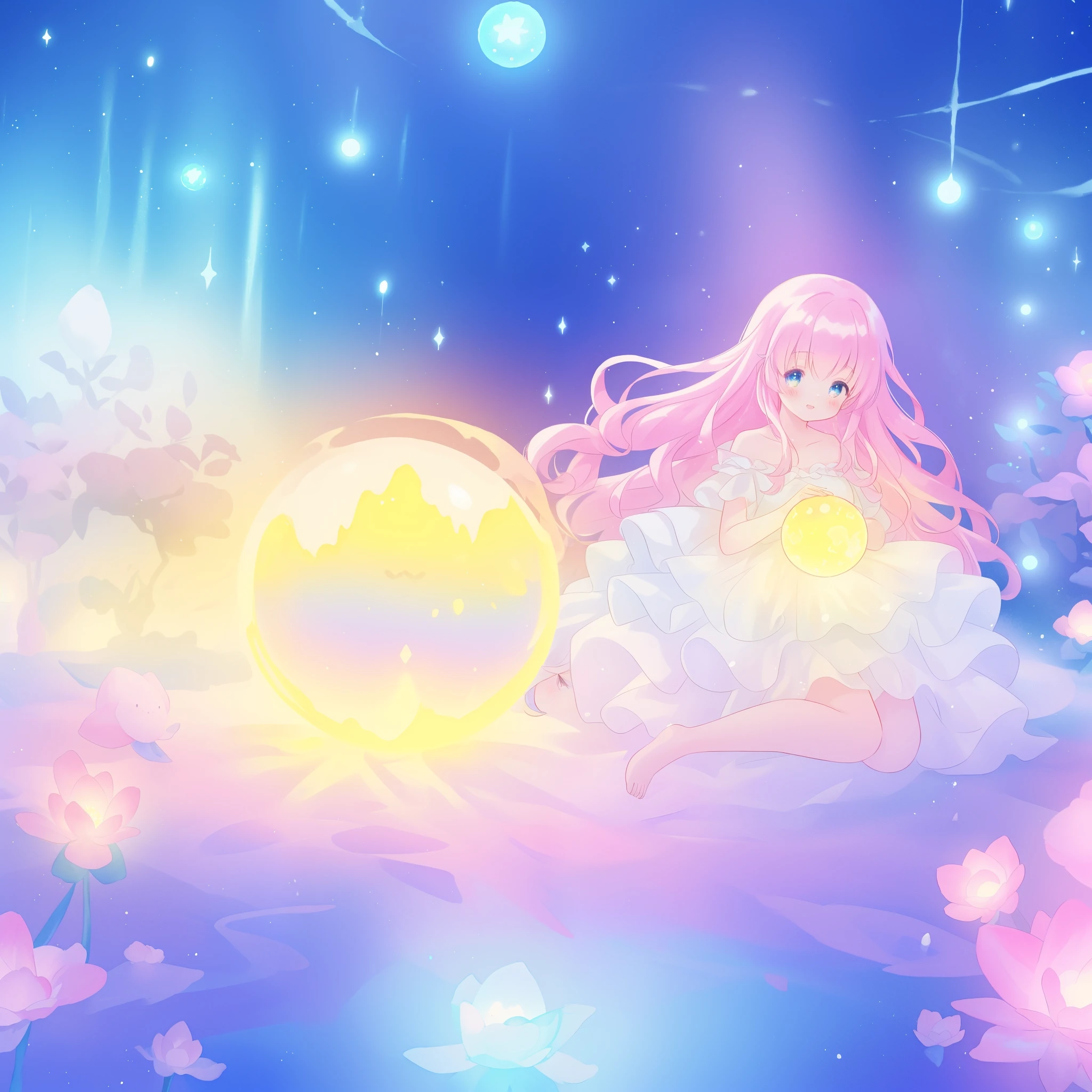 beautiful girl in sparkling white dress holding a magical sphere, ((sparkling puffy layered ballgown)), (magical, whimsical), (glowing magical orb), long flowing colorful hair, colorful fantasia background, watercolor illustration, disney art style, glowing aura around her, glowing lights, beautiful digital illustration, fantasia otherworldly landscape plants flowers, beautiful, masterpiece, best quality, anime disney style
