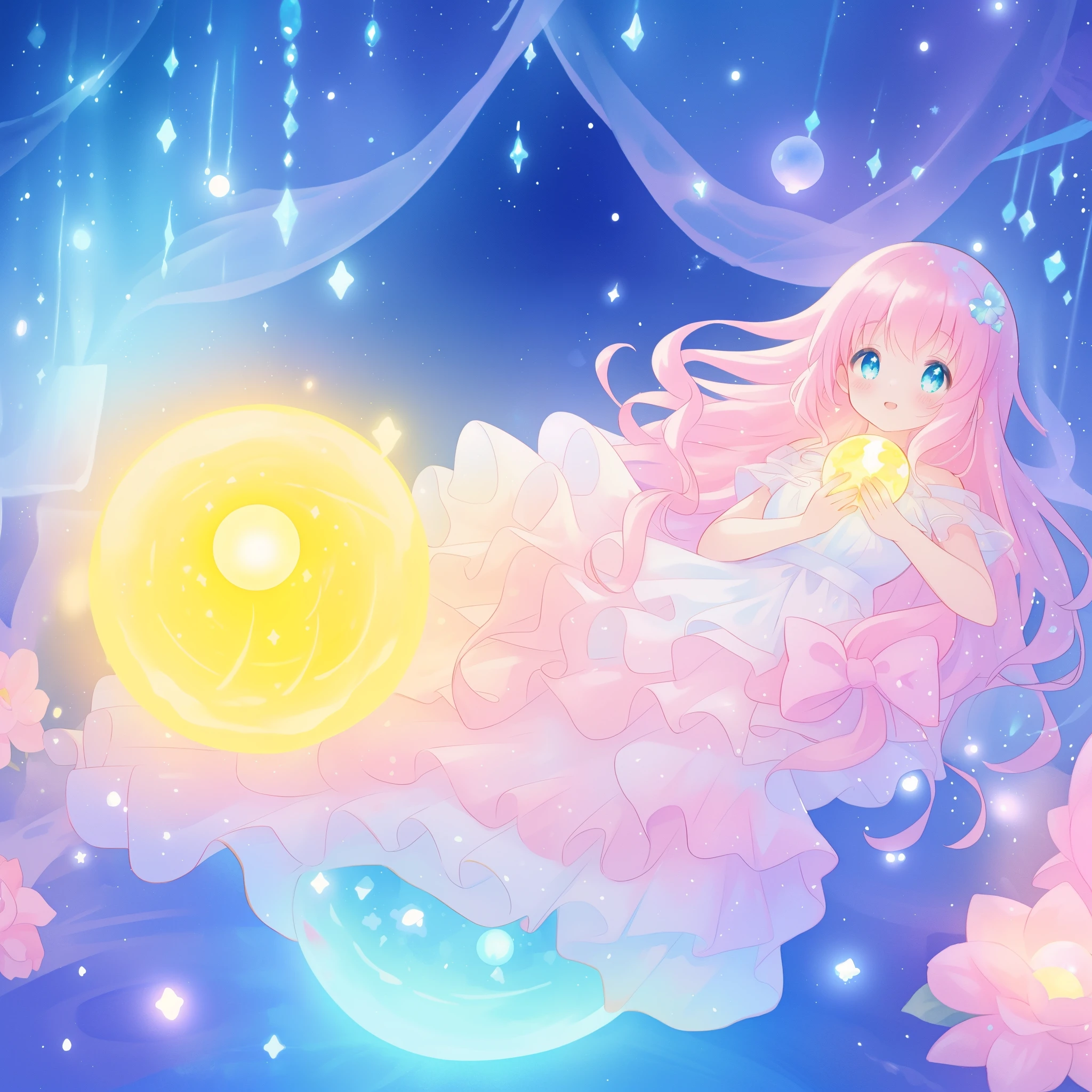 beautiful girl in sparkling white dress holding a magical sphere, ((sparkling puffy layered ballgown)), (magical, whimsical), (glowing magical orb), long flowing colorful hair, colorful fantasia background, watercolor illustration, disney art style, glowing aura around her, glowing lights, beautiful digital illustration, fantasia otherworldly landscape plants flowers, beautiful, masterpiece, best quality, anime disney style