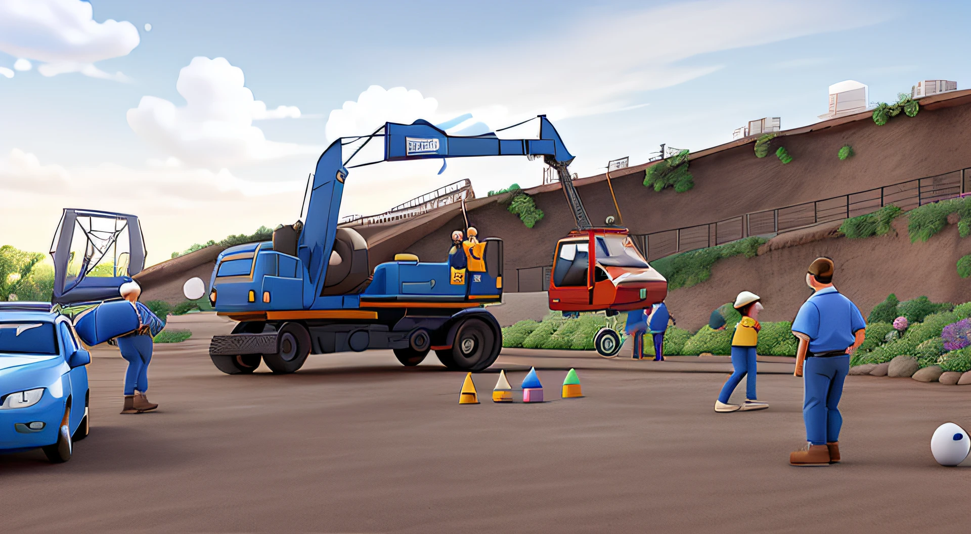 Disney Pixar style drawing, workers on the crane with the SEST SENAT emblem in blue and white, high quality.
