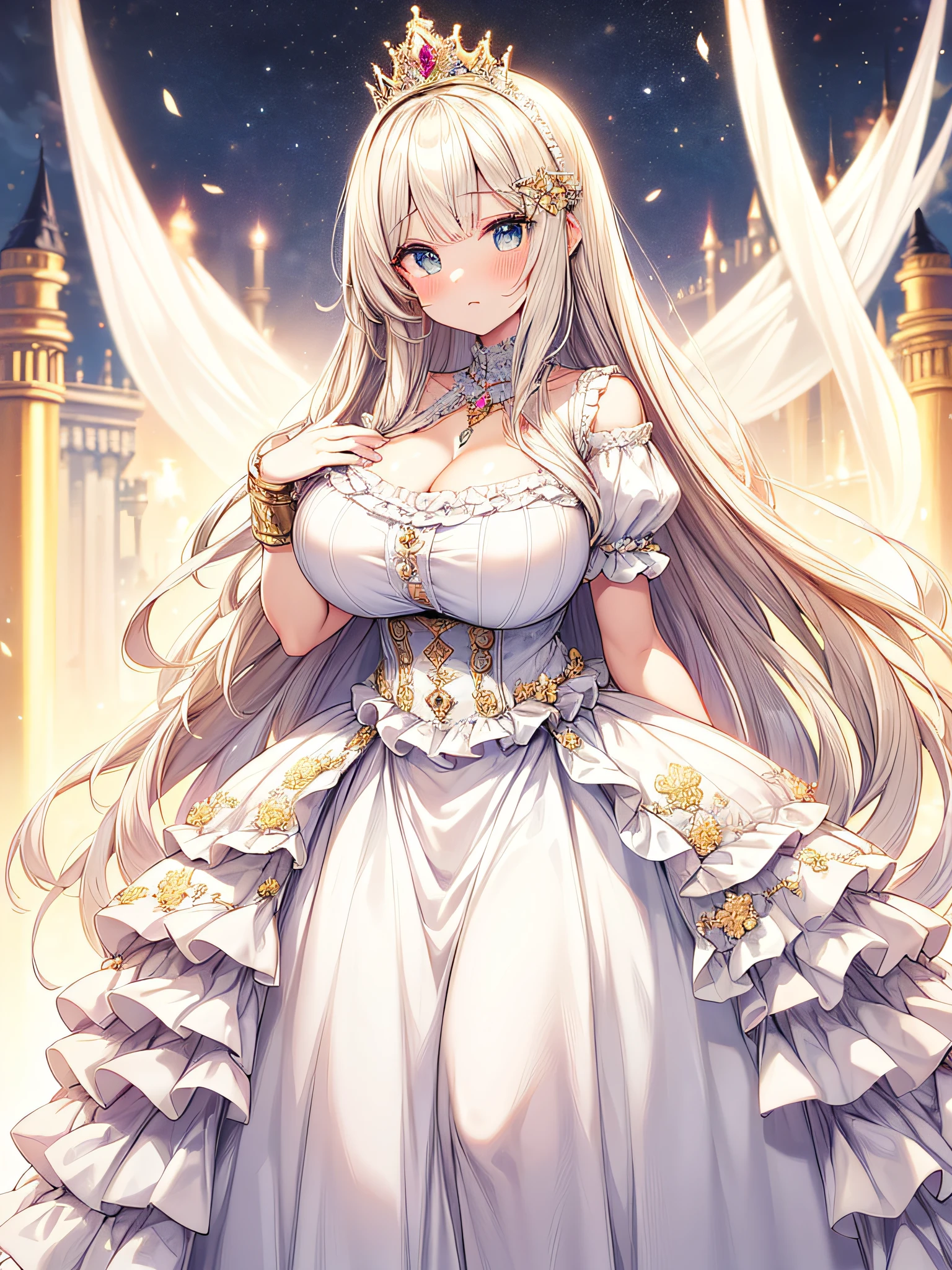 (masterpiece, best quality,extremely detailed,moe anime art style:1.1),1girl, ((solo)), cute, kawaii,digital art,((1 bling-bling anime princess wearing beautiful embroidery and jeweled ruffled gorgeous princess ballgown with voluminous full length hoop skirt)),((crinoline)),long train,voluminous frills,(gorgeous embroidery and beautiful lace),(very gigantic boobs,cleavage,skindentation),((shiny hair,very long straight hair)),((finely detailed face and eyes)),clear pupil,extremely gorgeousfull hair ornament,(bling-bling jeweled extremely gorgeousfull tiara),((bling-bling gorgeous gemstone jewelry)),long veil,((beautiful background,fantasy)),flowers,flower petals flowing,full body,looking away,((beautiful embroidery and jeweled ruffled gorgeous princess ballgown with voluminous full length hoop skirt))