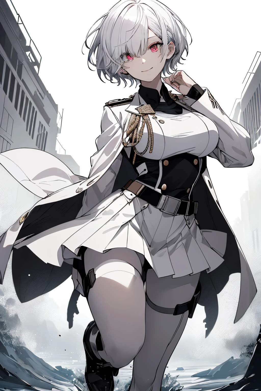 (Super Sexy Pose:1.2), 1 girl in, Full body, White one-piece military uniform, (masutepiece:1.2, Best Quality), (finely detailed beautiful eye: 1.2), (beautifull detailed face), High contrast, (Best Illumination, extremely delicate and beautiful), ((Cinematic Light)), Dramatic light, Intricate details, red eyes, breasts of average size, Belt under boobs, White military uniform, White skirt, White hair, Black tie,  (Pale white background:1.5), short cut hair, Look at me and smile, Sheer, Wet,