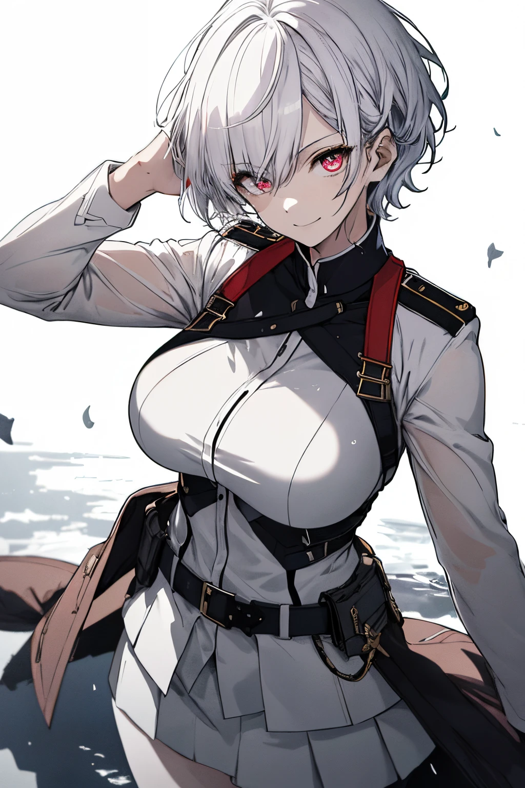 (Super Sexy Pose:1.2), 1 girl in, Full body, White one-piece military uniform, (masutepiece:1.2, Best Quality), (finely detailed beautiful eye: 1.2), (beautifull detailed face), High contrast, (Best Illumination, extremely delicate and beautiful), ((Cinematic Light)), Dramatic light, Intricate details, red eyes, breasts of average size, Belt under boobs, White military uniform, White skirt, White hair, Black tie,  (Pale white background:1.5), short cut hair, Look at me and smile, Sheer, Wet,