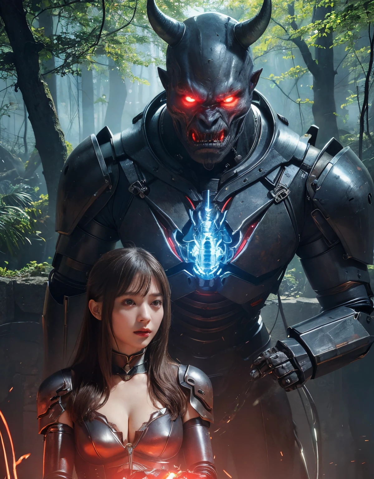 (1 Mechanical Girl)、top-quality、​masterpiece、超A high resolution、(Photorealsitic:1.4)、Raw photo、女の子1人、Fight mutants、glowy skin、(((1 Mechanical Girl)))、With a beautiful knife、（Red Metal Bodysuit）、(Fight goblings、ogre、Fierce battle with orcs),（Fight fiercely against aliens）、Fight fiercely、(beautiful forest background)、(Fighting Demonic Beasts)、(Small LED)、((super realistic details))、portlate、(Strong giant demon beast background),globalillumination、Shadow、octan render、8K、ultrasharp、Colossal tits、Raw skin is exposed in cleavage、metals、Details of complex ornaments、Japan details、highly intricate detail、Realistic light、(Mystical expression),CGSoation Trends、Blue eyes、radiant eyes、Facing the camera、neon details、(Mechanical limbs)、(blood vessels connected to tubes)、(Wires and cables connecting to the head)、Small LED、,Mechanical thighs、Toostock、（Hands are also made of machines）、（Attack of the Monster Beasts）、
