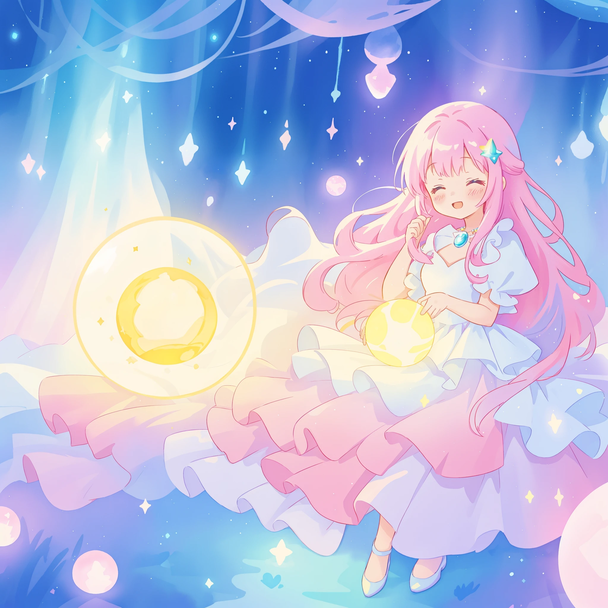 beautiful girl in sparkling white dress holding a magical sphere, ((sparkling puffy layered ballgown)), (magical, whimsical), (glowing magical orb), long flowing colorful hair, colorful fantasia background, watercolor illustration, disney art style, glowing aura around her, glowing lights, beautiful digital illustration, fantasia otherworldly landscape plants flowers, beautiful, masterpiece, best quality, anime disney style