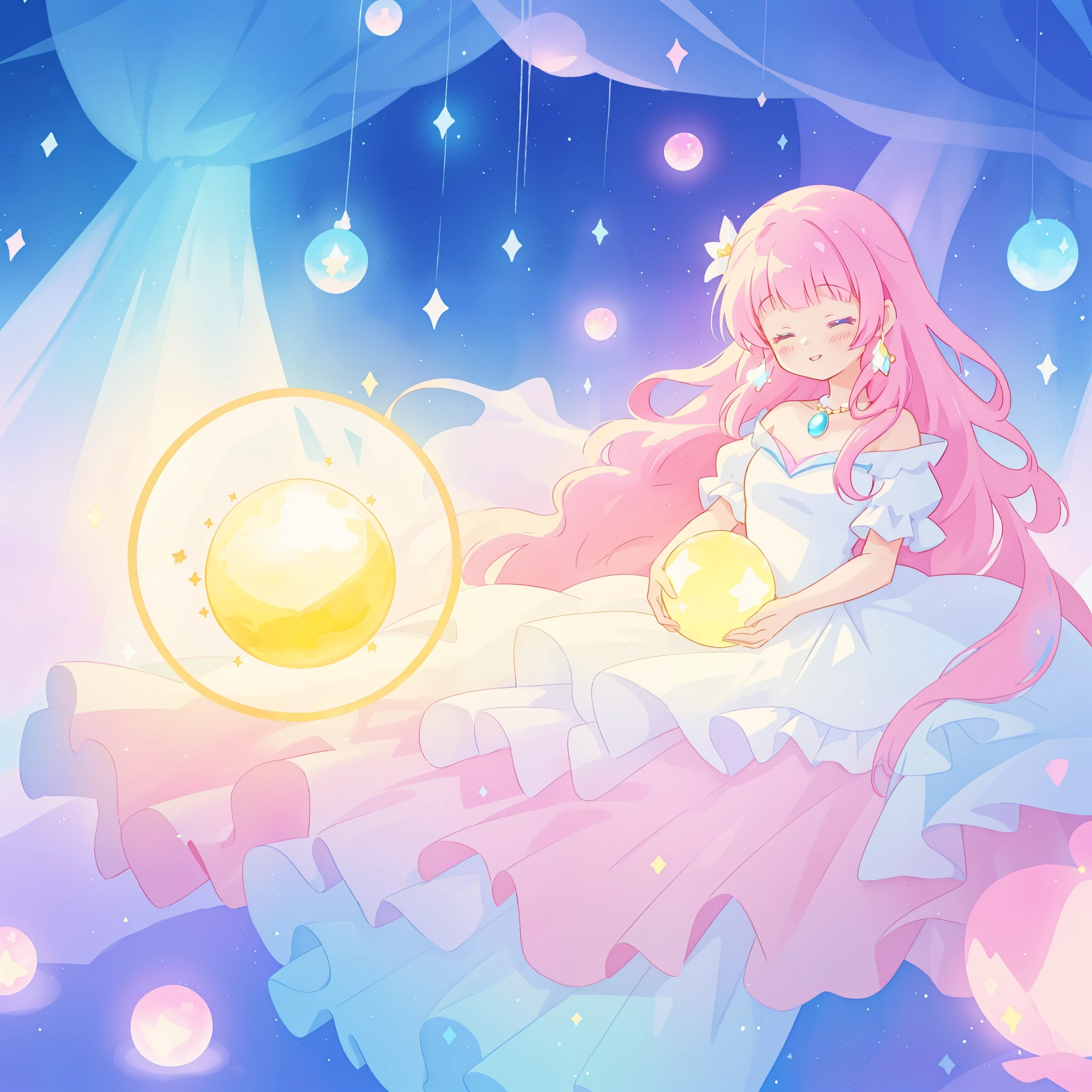 beautiful girl in sparkling white dress holding a magical sphere, ((sparkling puffy layered ballgown)), (magical, whimsical), (glowing magical orb), long flowing colorful hair, colorful fantasia background, watercolor illustration, disney art style, glowing aura around her, glowing lights, beautiful digital illustration, fantasia otherworldly landscape plants flowers, beautiful, masterpiece, best quality, anime disney style