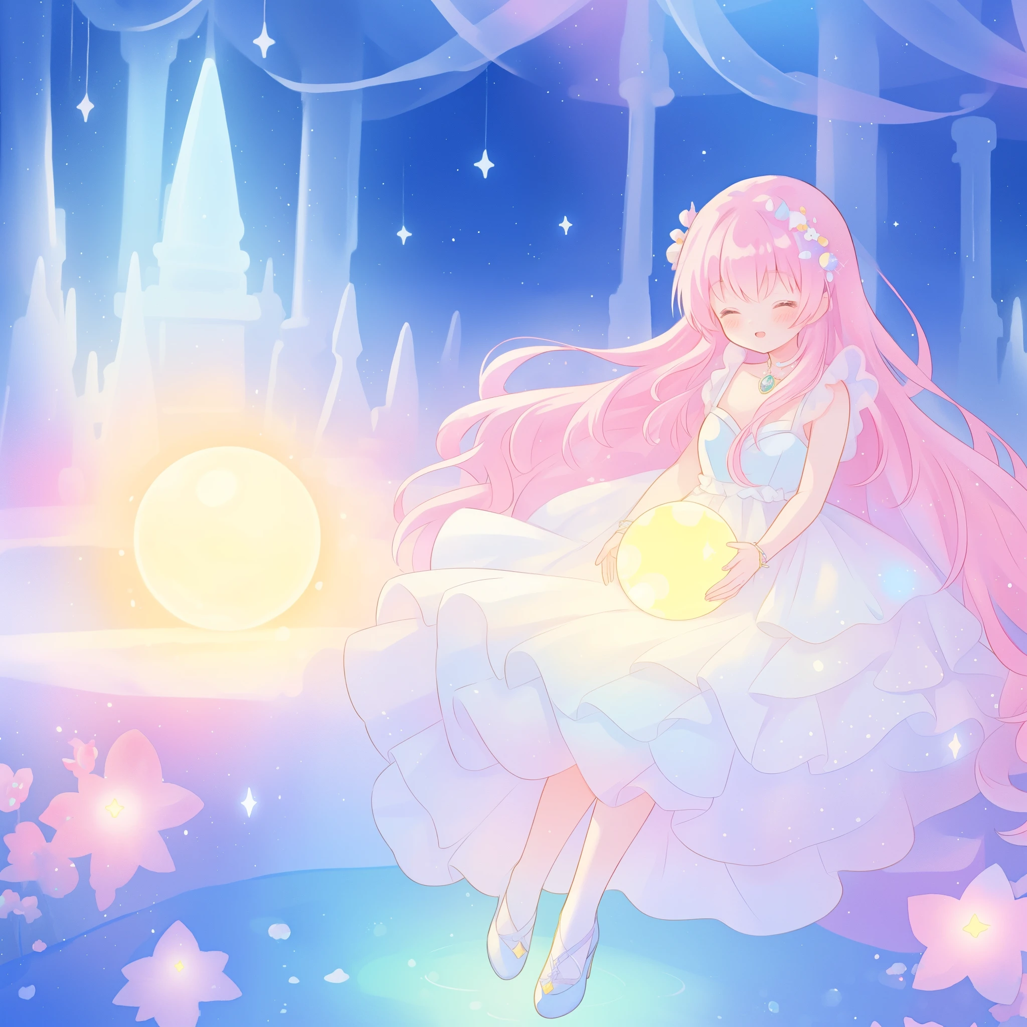 beautiful girl in sparkling white dress holding a magical sphere, ((sparkling puffy layered ballgown)), (magical, whimsical), (glowing magical orb), long flowing colorful hair, colorful fantasia background, watercolor illustration, disney art style, glowing aura around her, glowing lights, beautiful digital illustration, fantasia otherworldly landscape plants flowers, beautiful, masterpiece, best quality, anime disney style