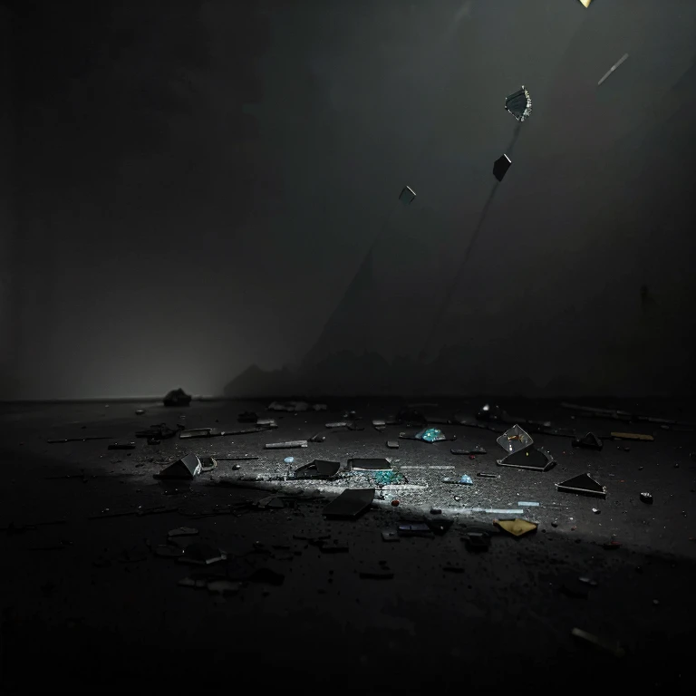 Um fundo totalmente preto, scattered glass shards, some shadows from the shrapnel with a dark tone