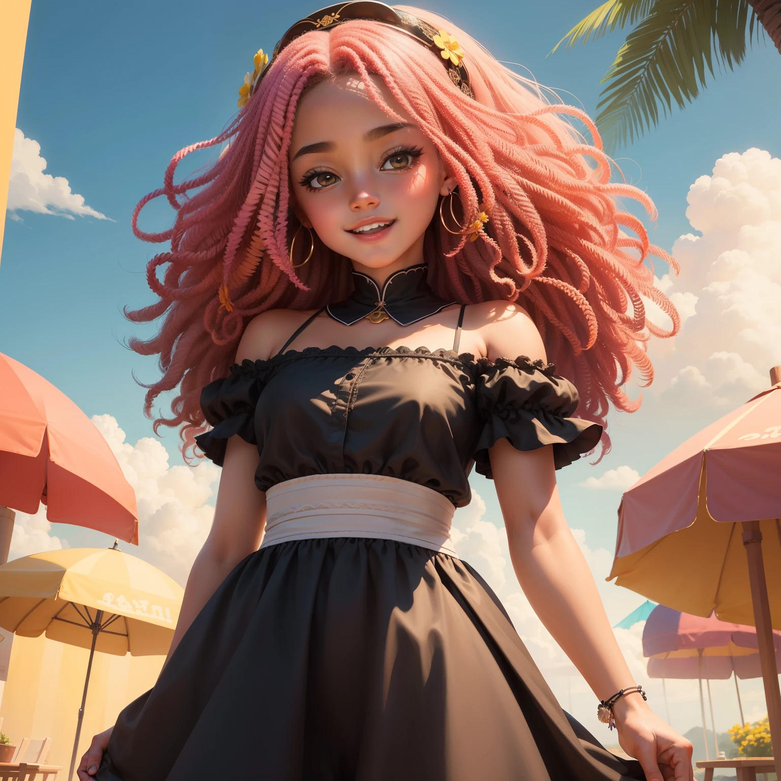 Close-up de uma garota dos desenhos animados, afro americana, cabelo com cachos, olhos negros, cabelo preto, girl is very happy, sorridente, kawaii, olhos grandes, cena da primavera, primavera, flor, prado, sol quente, rosto delicado, estilo de conto de fadas, beautiful sky, usando um lindo vestido, Super alto detalhe, super high resolution, Trabalho premiado, master part, lo-fi illustration style, flat illustration, cute illustration, flores vermelhas cor-de-rosa amarelas ao redor, Digital illustration style, Fantastic, Beautiful Artwork Illustration, arte de detalhe de alta qualidade, bela cena,, Beautiful Artwork Illustration, hand-drawn cartoon art style, painting illustration, simple and clean illustration, inspirado em Ma Yuanyu, Yang J, inspirado em Cui Bai, inspirado em Puhua