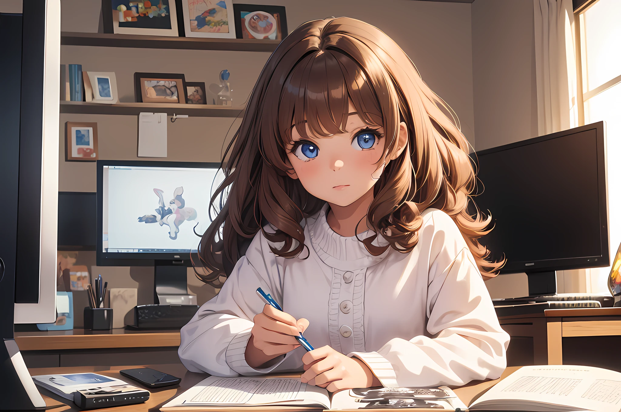 1 girl, brown hair, blue eyes, sit at the computer, (miniature poodle), coloring books, home, cozy, high quality, 4k