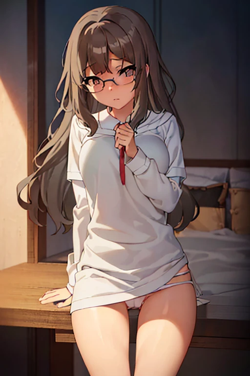 RioFutaba、17 age, ((skinny thigh))、((Legs open:1.4))、((I can see your))、((Pubic hair is visible))、((White panties are visible))、on the beds、sitting on、((Hide panties with your hands))、Holding your knees、knees up、Skirt jumps up、 1girl in、((beautidful eyes))、((high-detail))、((high detailing))