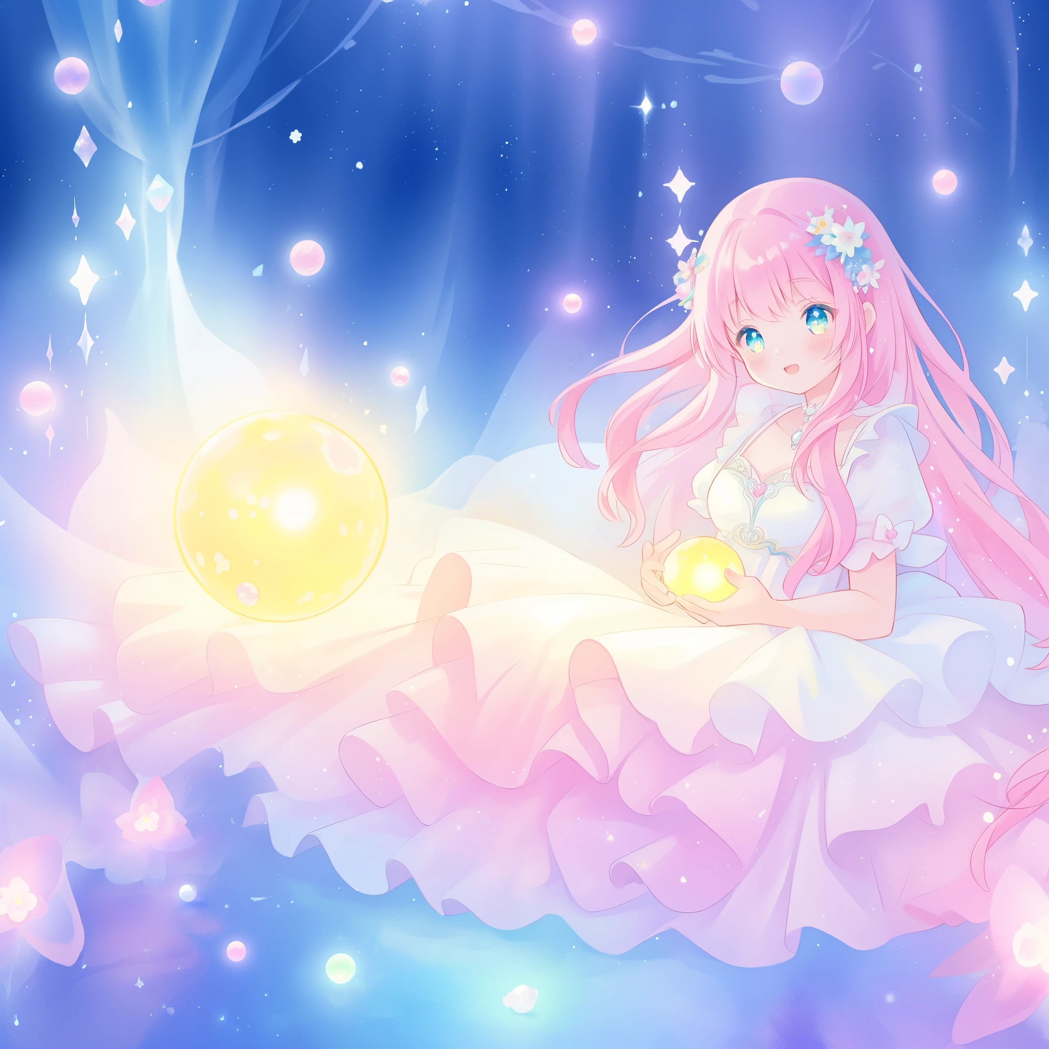 beautiful girl in sparkling white dress holding a magical sphere, ((sparkling puffy layered ballgown)), (magical, whimsical), (glowing magical orb), long flowing colorful hair, colorful fantasia background, watercolor illustration, disney art style, glowing aura around her, glowing lights, beautiful digital illustration, fantasia otherworldly landscape plants flowers, beautiful, masterpiece, best quality, anime disney style