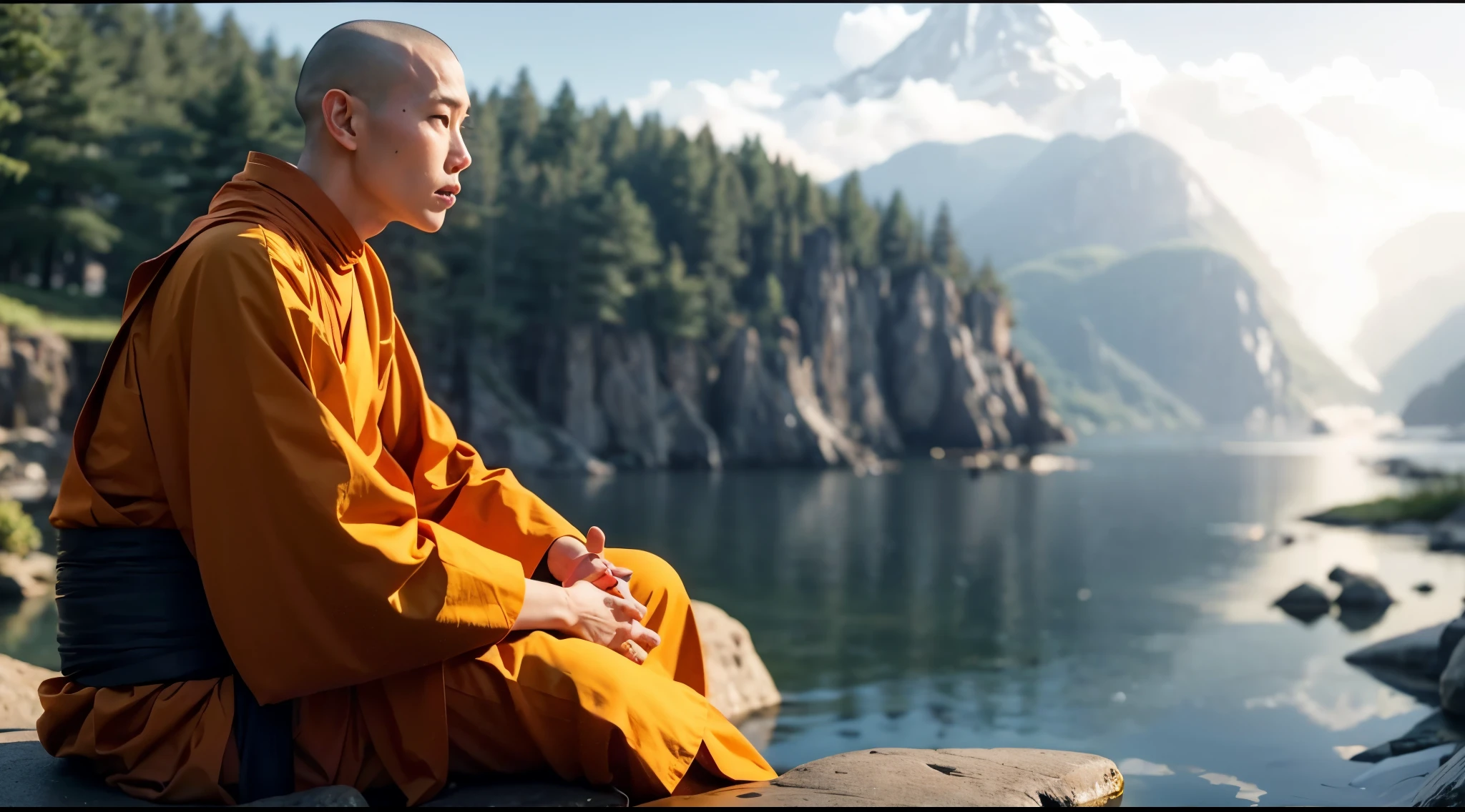 arafed monk sitting on a rock overlooking a mountain lake, monk meditate, buddhist monk meditating, buddhist, zen meditation, buddhist monk, monk, 2 1 st century monk, buddhism, meditation, ancient japanese monk, his mind contemplating eternity, meditating, floating in a powerful zen state, avatar aang, zen, praying meditating, contemplative, aang, realistic image, 16k resolution