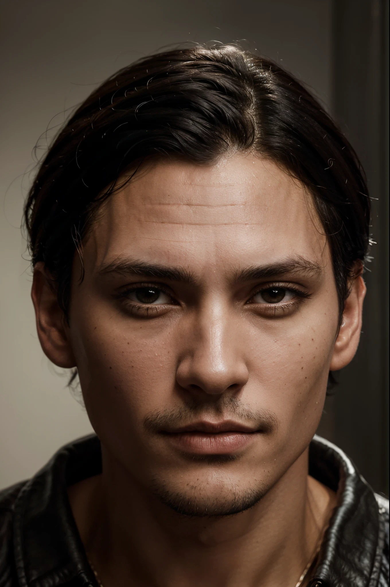 portrait of a man, 30 years old age, black short hair, slim face, dark brown eyes, white skin, thin nose, face features like leonardo johnny depp, closed mouth, isometric, 85mm, masterpiece, ccurate, highres, textured skin, high details