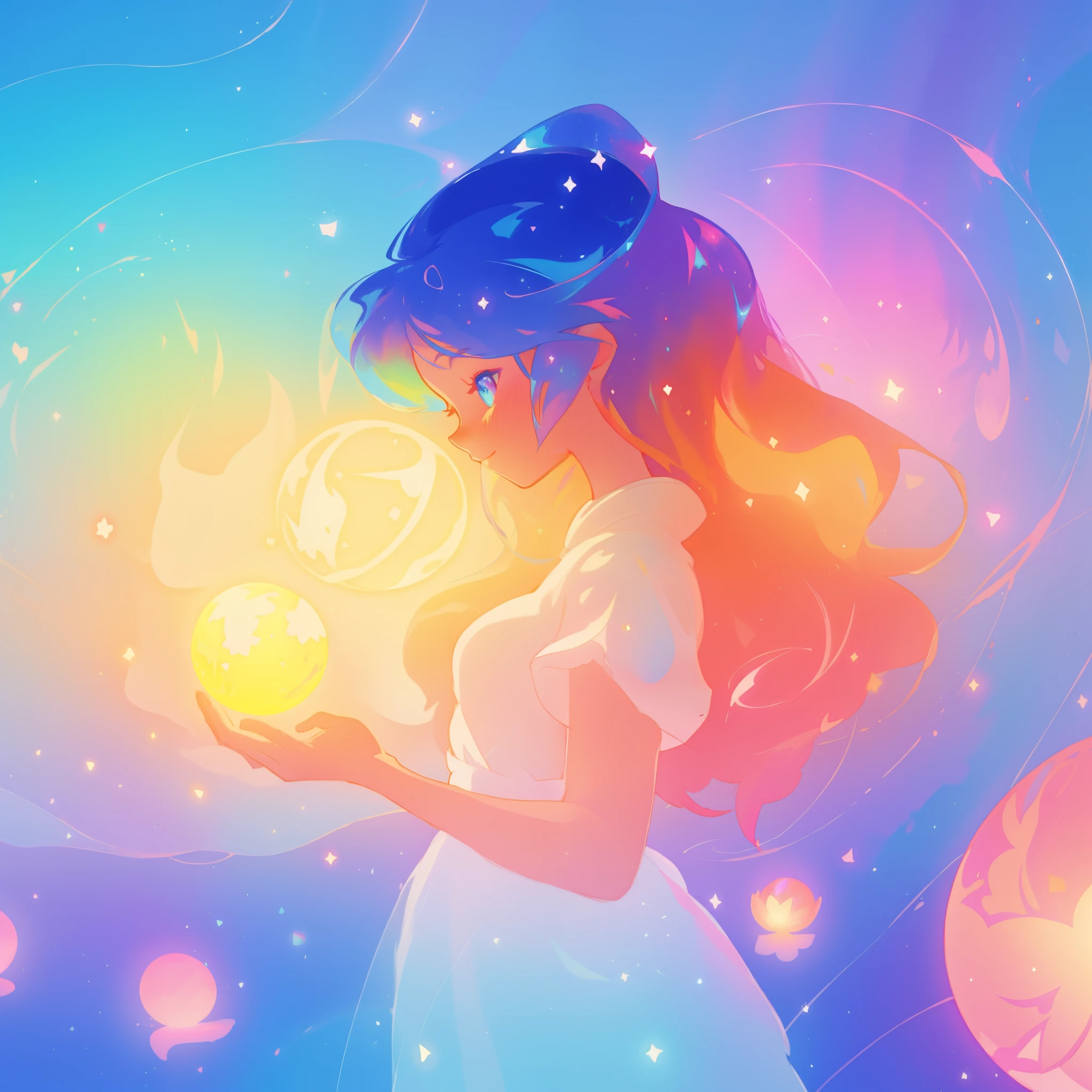 beautiful girl in sparkling white dress holding a glowing magical sphere, glowing ballgown, (magical, whimsical), (magical orb), long flowing colorful hair, colorful fantasia background, watercolor illustration, disney art style, glowing aura around her, glowing lights, beautiful digital illustration, fantasia otherworldly landscape plants flowers, beautiful, masterpiece, best quality, anime disney style, (perfect hands), profile view, eyes closed, looking at the orb