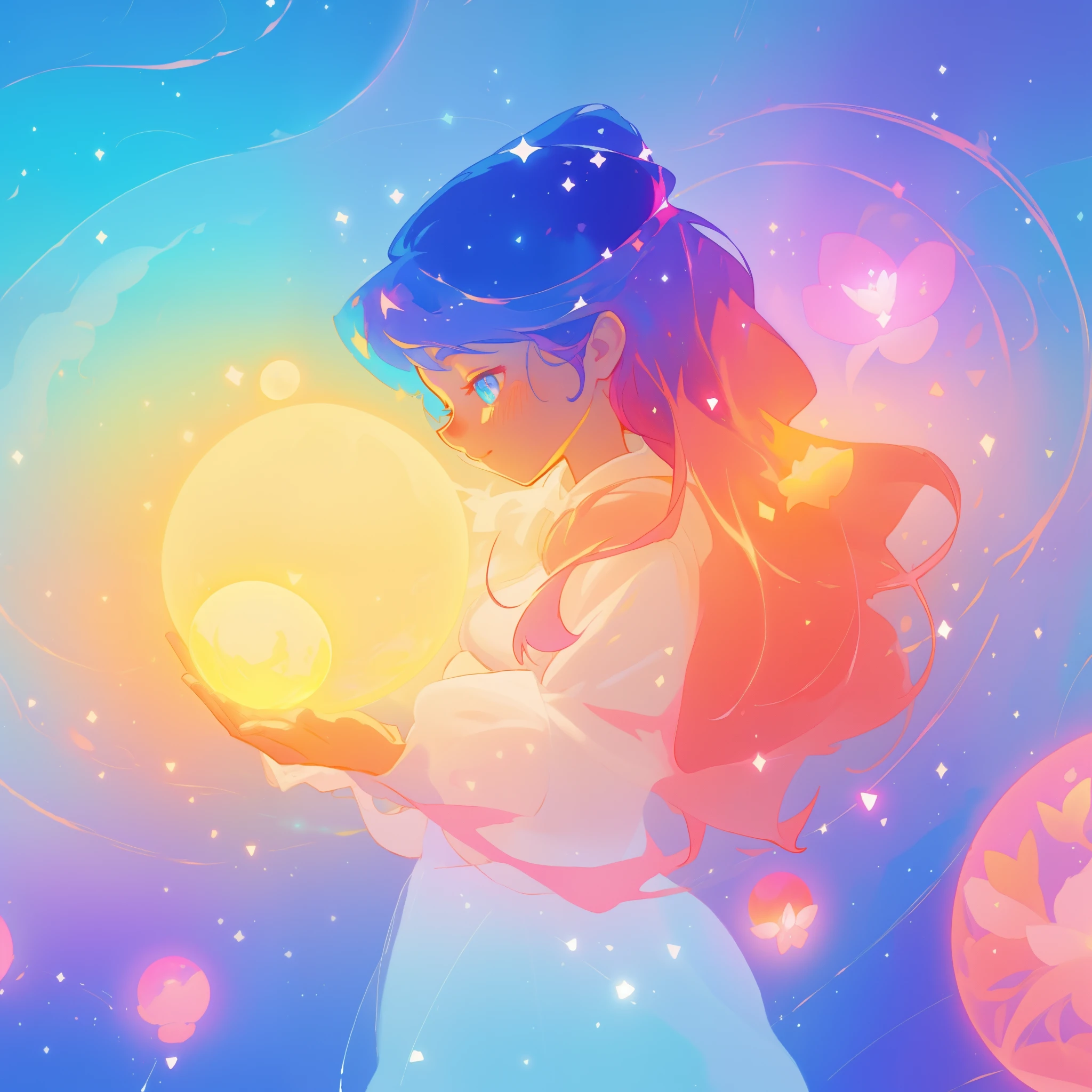 beautiful girl in sparkling white dress holding a glowing magical sphere, glowing ballgown, (magical, whimsical), (magical orb), long flowing colorful hair, colorful fantasia background, watercolor illustration, disney art style, glowing aura around her, glowing lights, beautiful digital illustration, fantasia otherworldly landscape plants flowers, beautiful, masterpiece, best quality, anime disney style, (perfect hands), profile view, eyes closed, looking at the orb