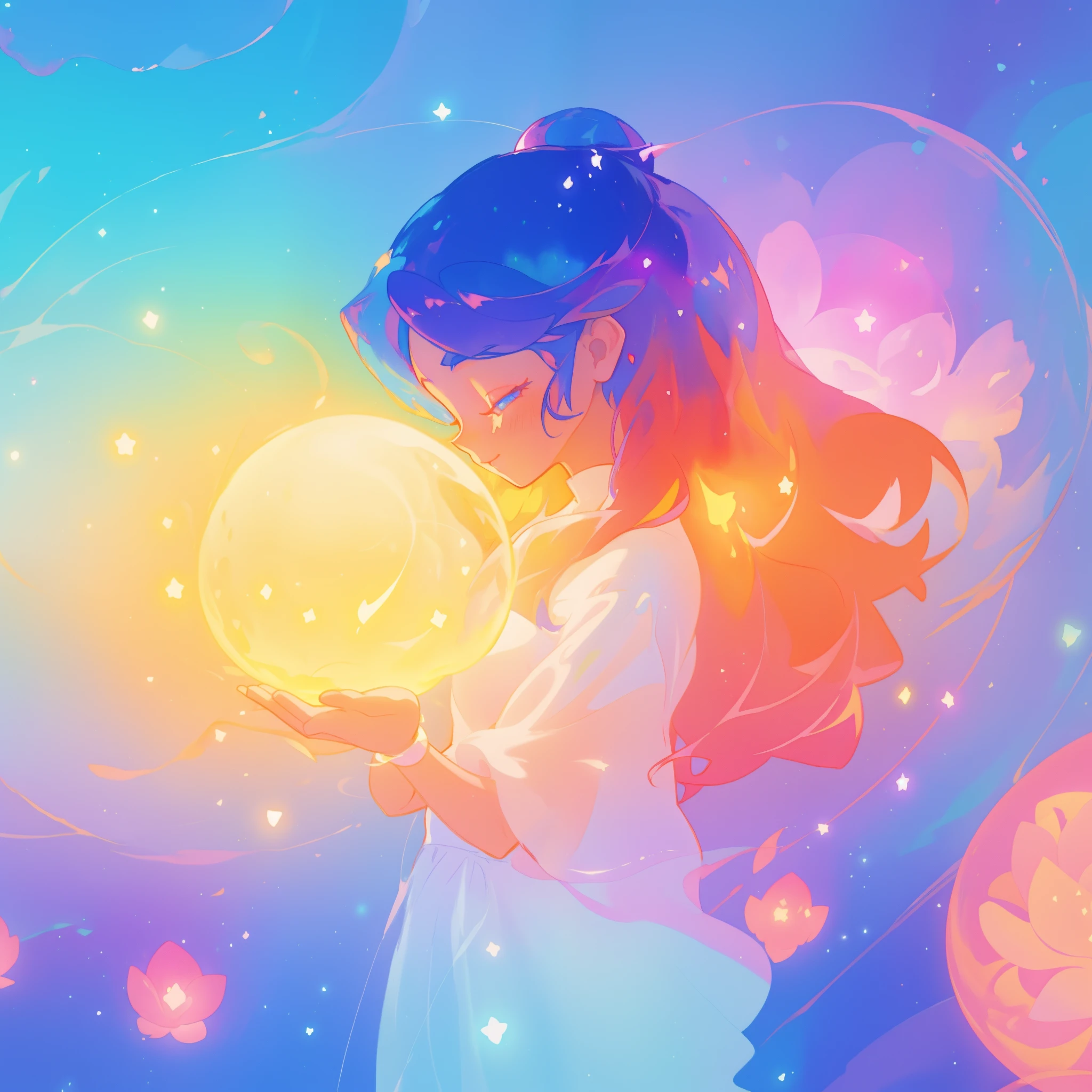 beautiful girl in sparkling white dress holding a glowing magical sphere, glowing ballgown, (magical, whimsical), (magical orb), long flowing colorful hair, colorful fantasia background, watercolor illustration, disney art style, glowing aura around her, glowing lights, beautiful digital illustration, fantasia otherworldly landscape plants flowers, beautiful, masterpiece, best quality, anime disney style, (perfect hands), profile view, eyes closed, looking at the orb