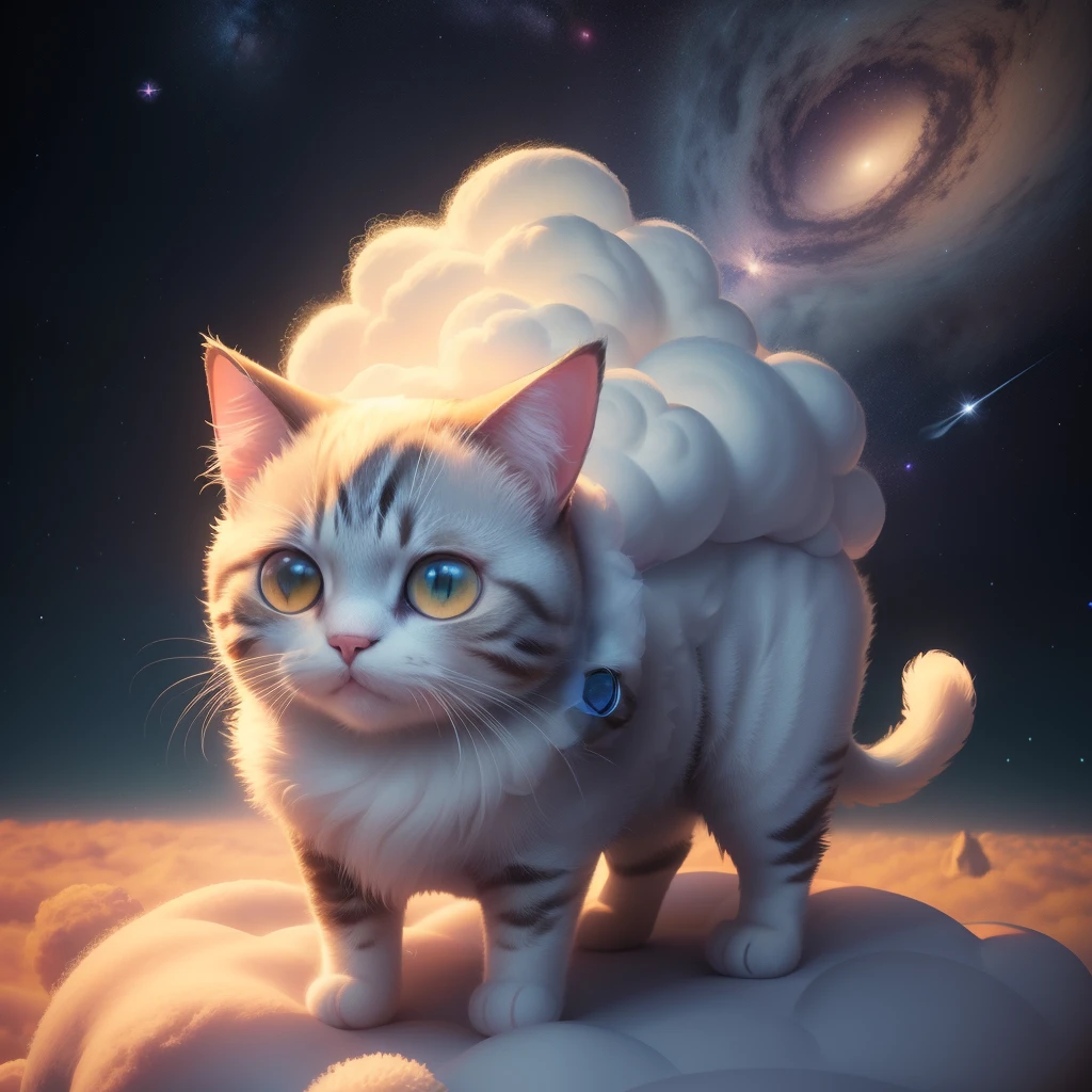 Cute wool cat toy sitting on a cloud, magical, stars, space wool, pixar, octane render, pet, 4k, 8k